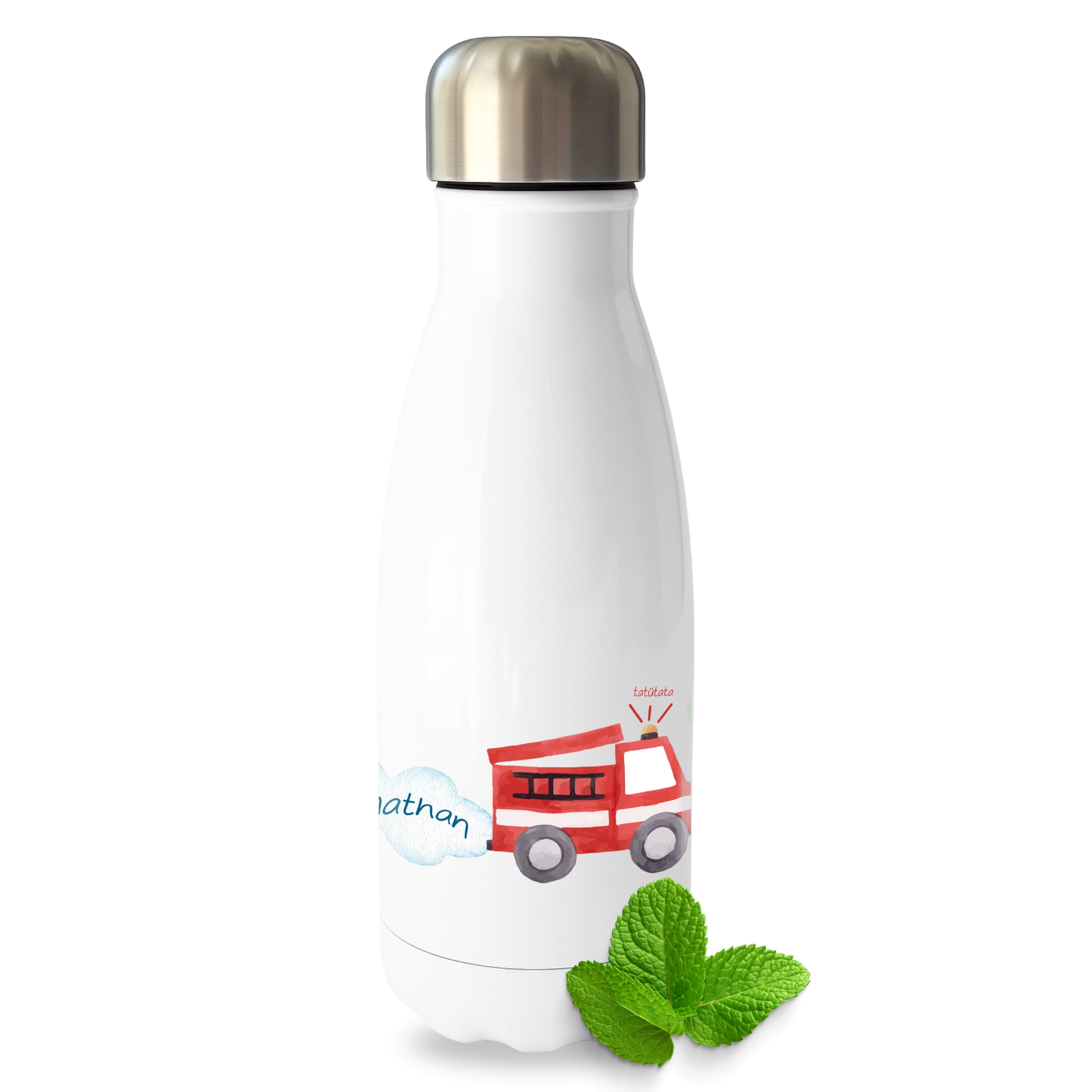 Weiße Edelstahl-Trinkflasche mit rotem Feuerwehrauto und Namen.