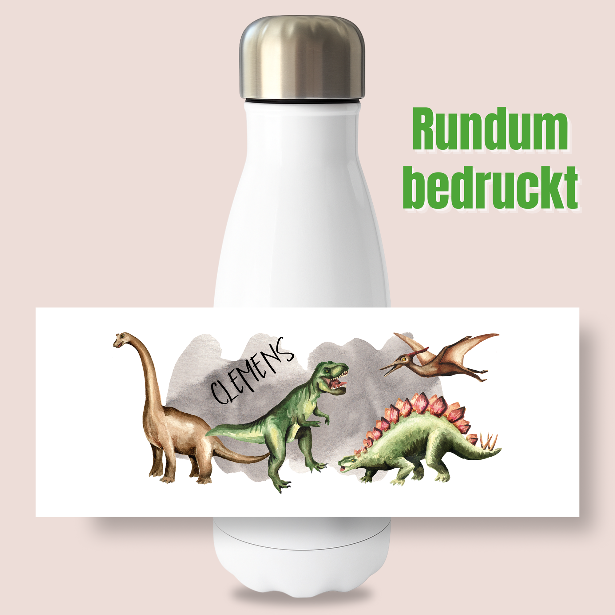 Weiße Trinkflasche mit Dinosaurier-Motiv und personalisiertem Namen.