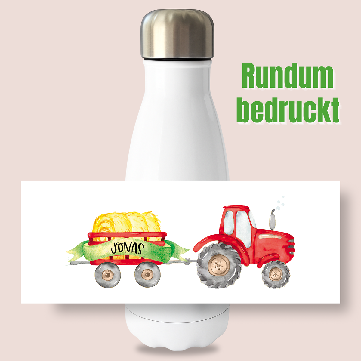 Weiße Trinkflasche mit rotem Traktor und Heuwagen-Design.