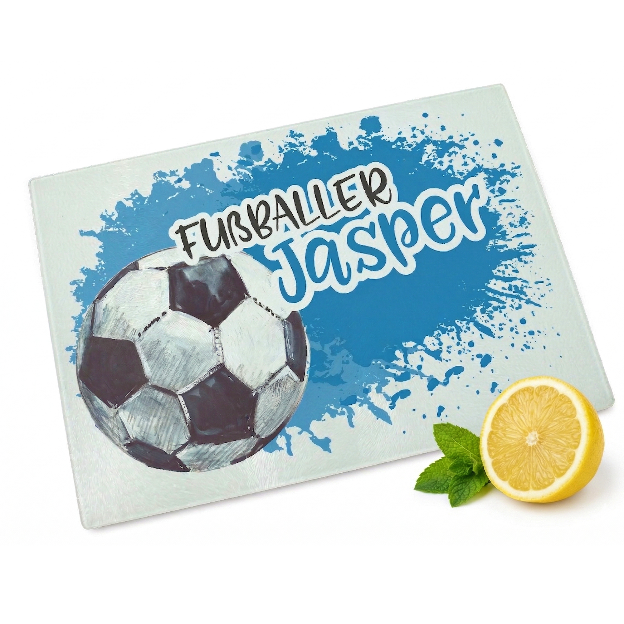 Fußballer Jasper, schwarzer Ball, blaue Spritzer, Zitrone.