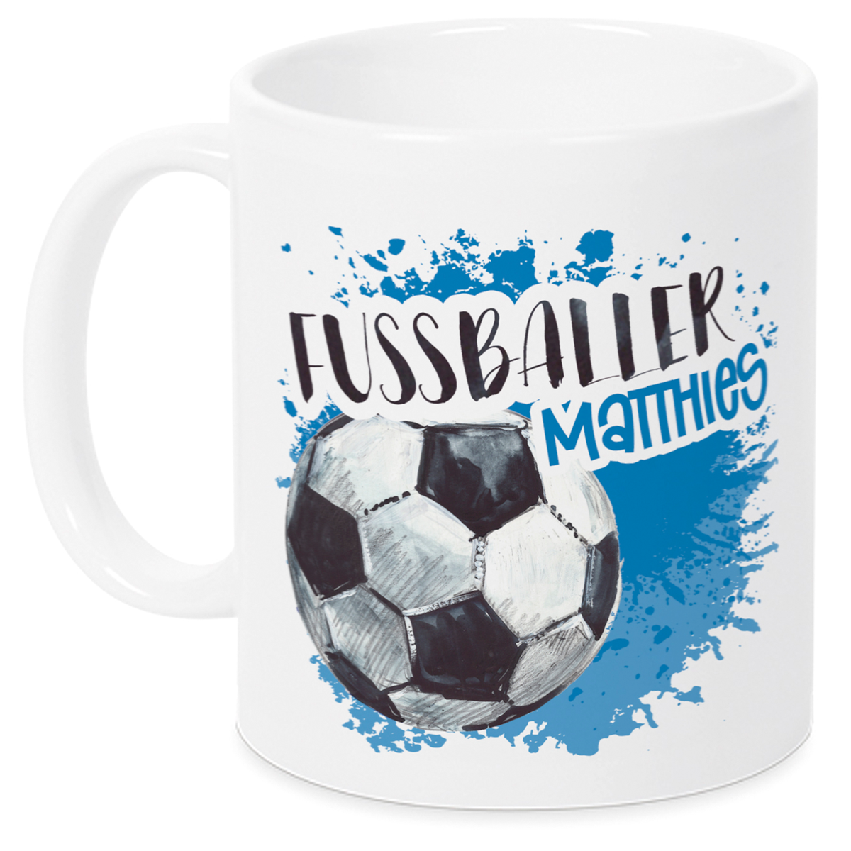 Weiße Tasse mit Fußball-Design und Namen "Matthies".