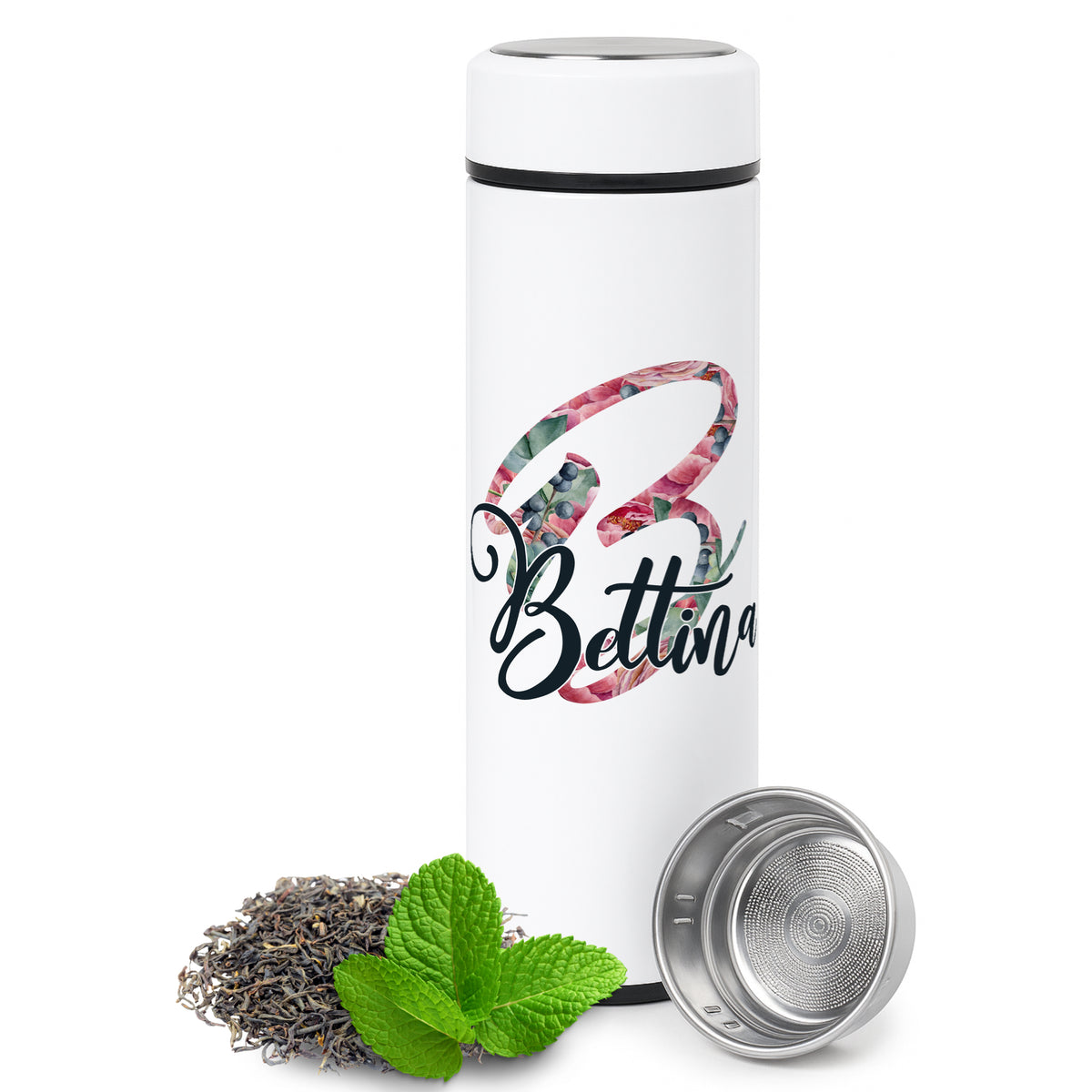 Weiße Thermosflasche mit floralem Design und Teesieb.