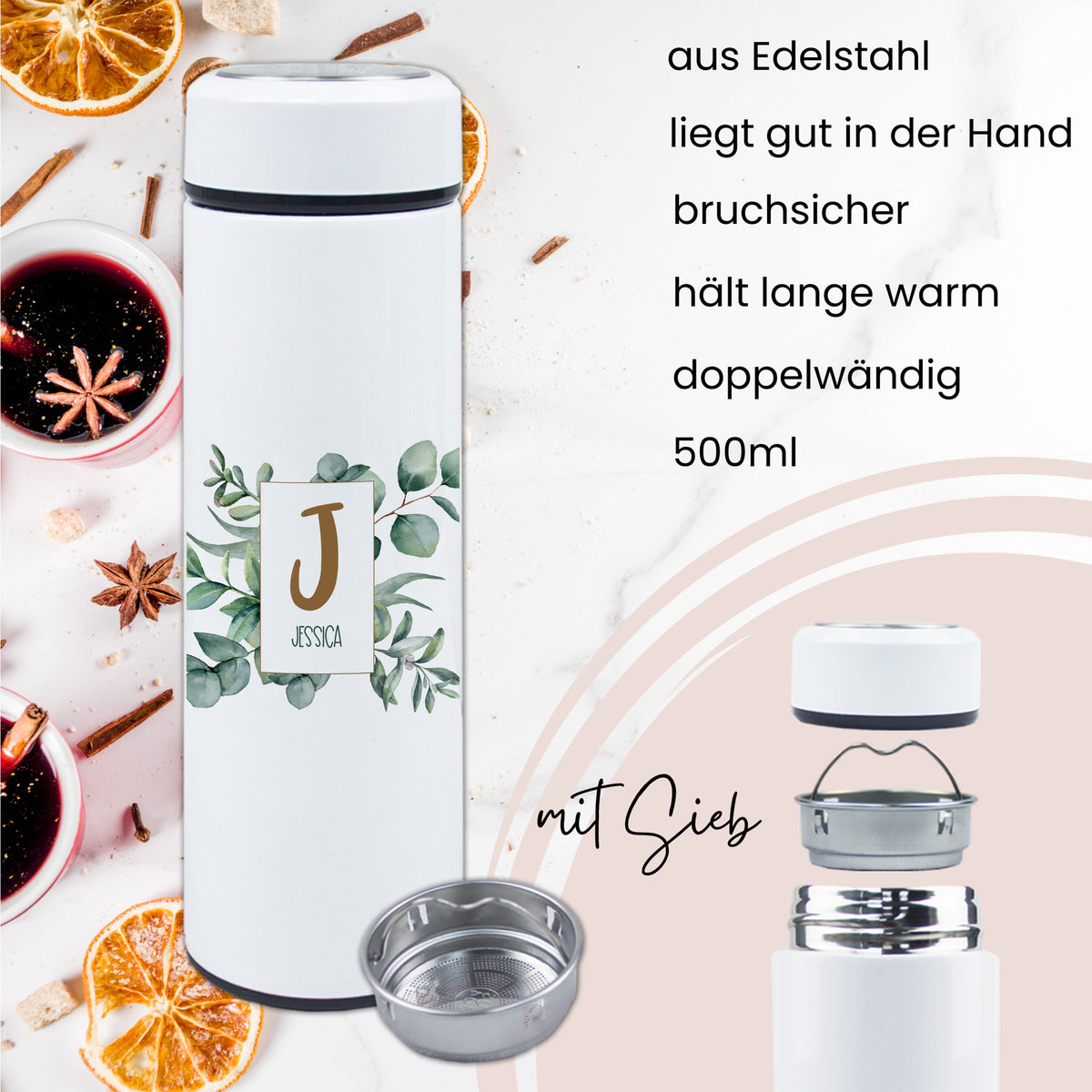 Edelstahl-Wasserflasche, weiß, 500ml, doppelwandig, bruchsicher.