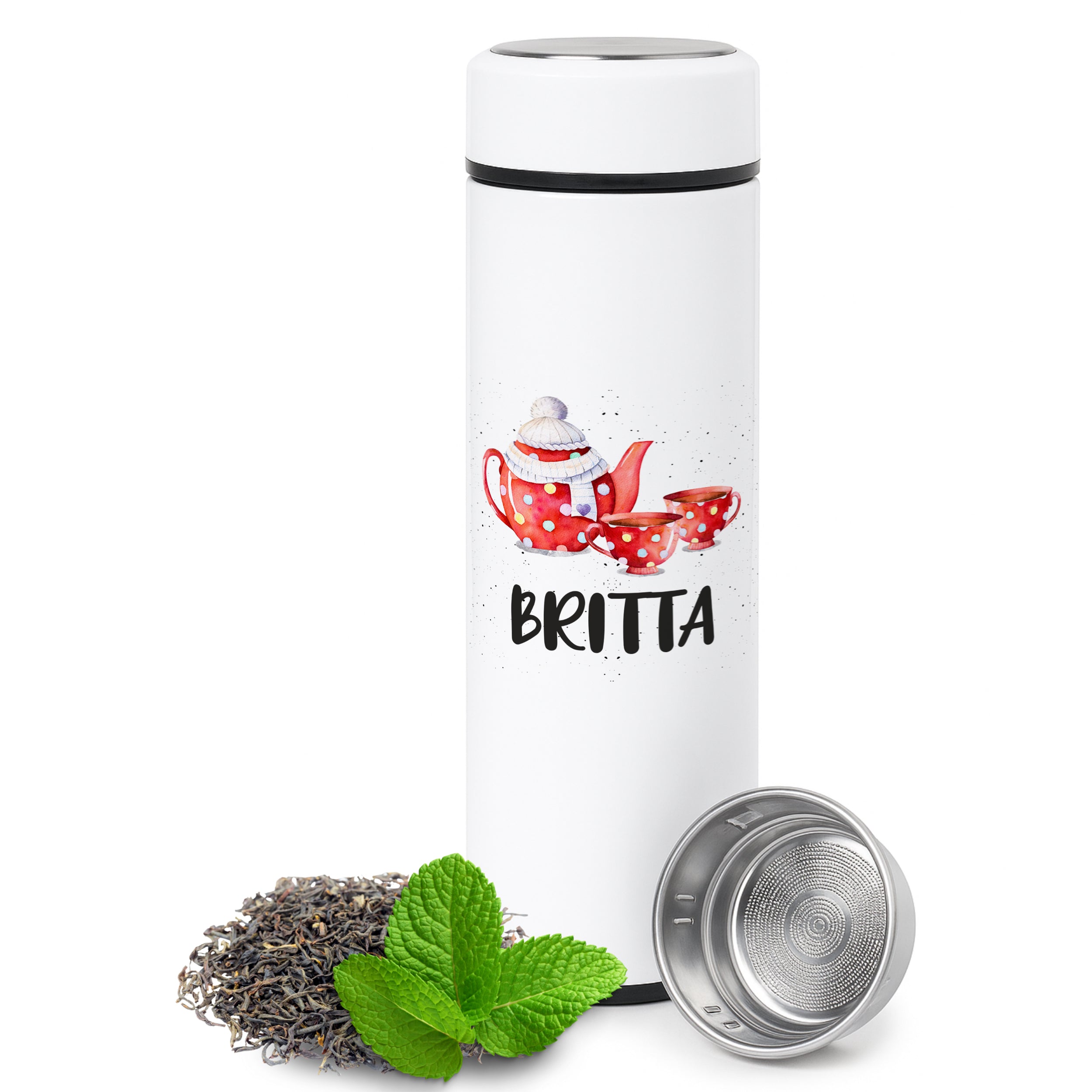 Weiße Teekanne Thermosflasche mit Teesieb und Minze.