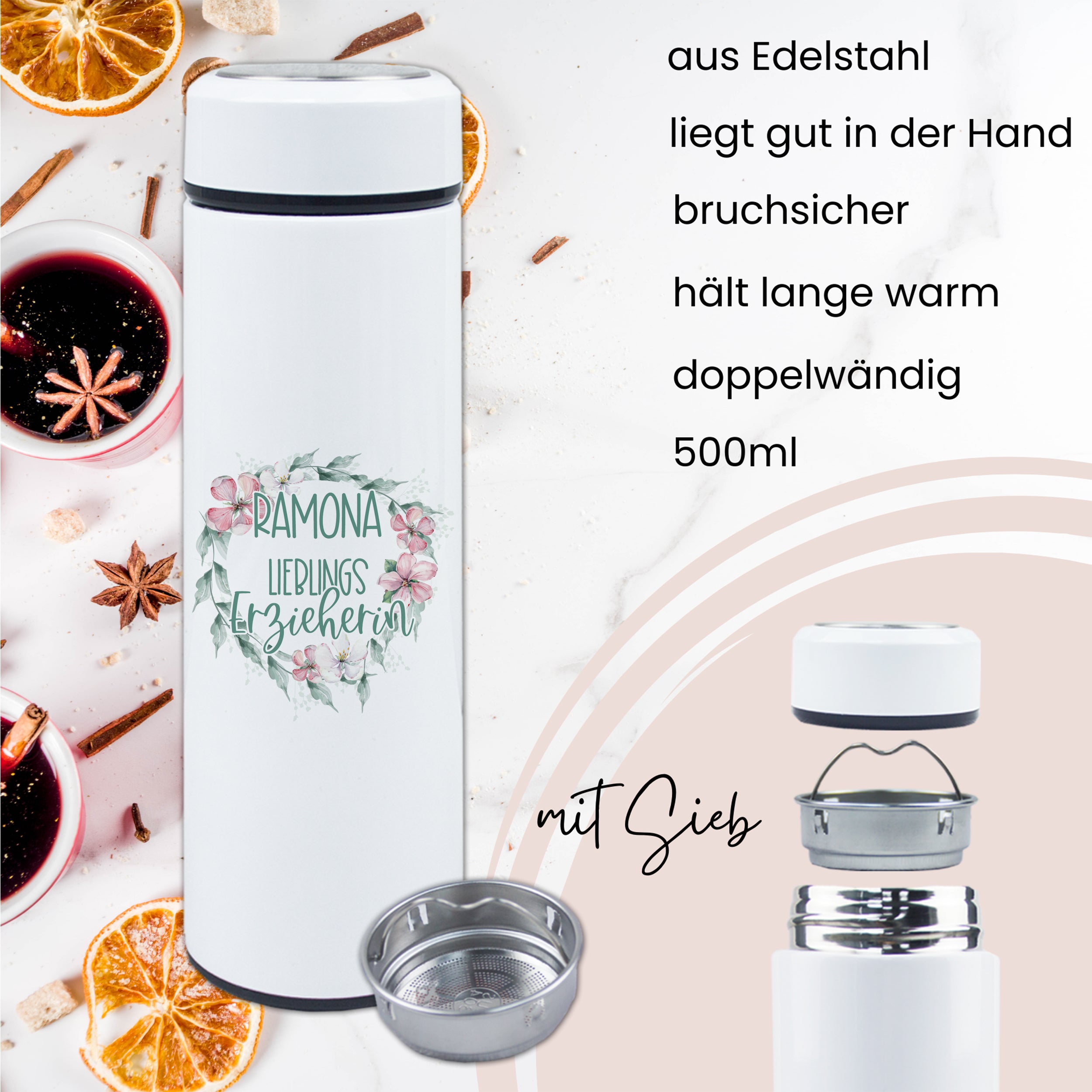 Edelstahl-Wasserflasche, weiß, 500ml, bruchsicher, doppelwandig.