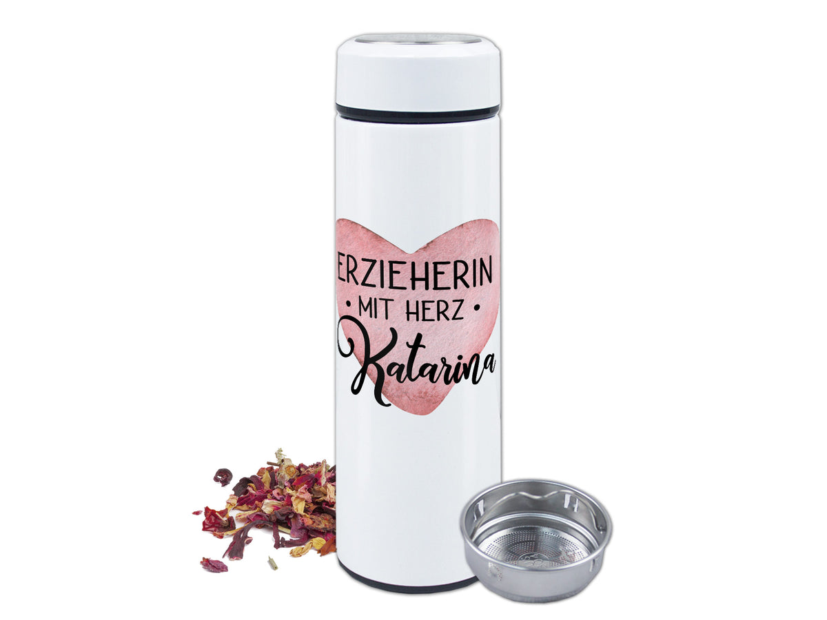 Weiße Thermosflasche mit Herzmotiv und Aufschrift "Erzieherin mit Herz".