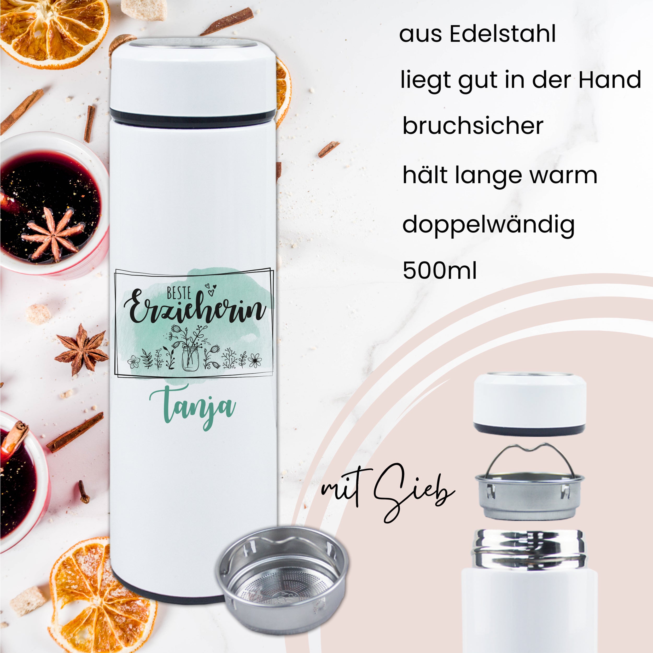 Edelstahl-Thermoskanne, weiß, 500ml, bruchsicher, doppelwandig.