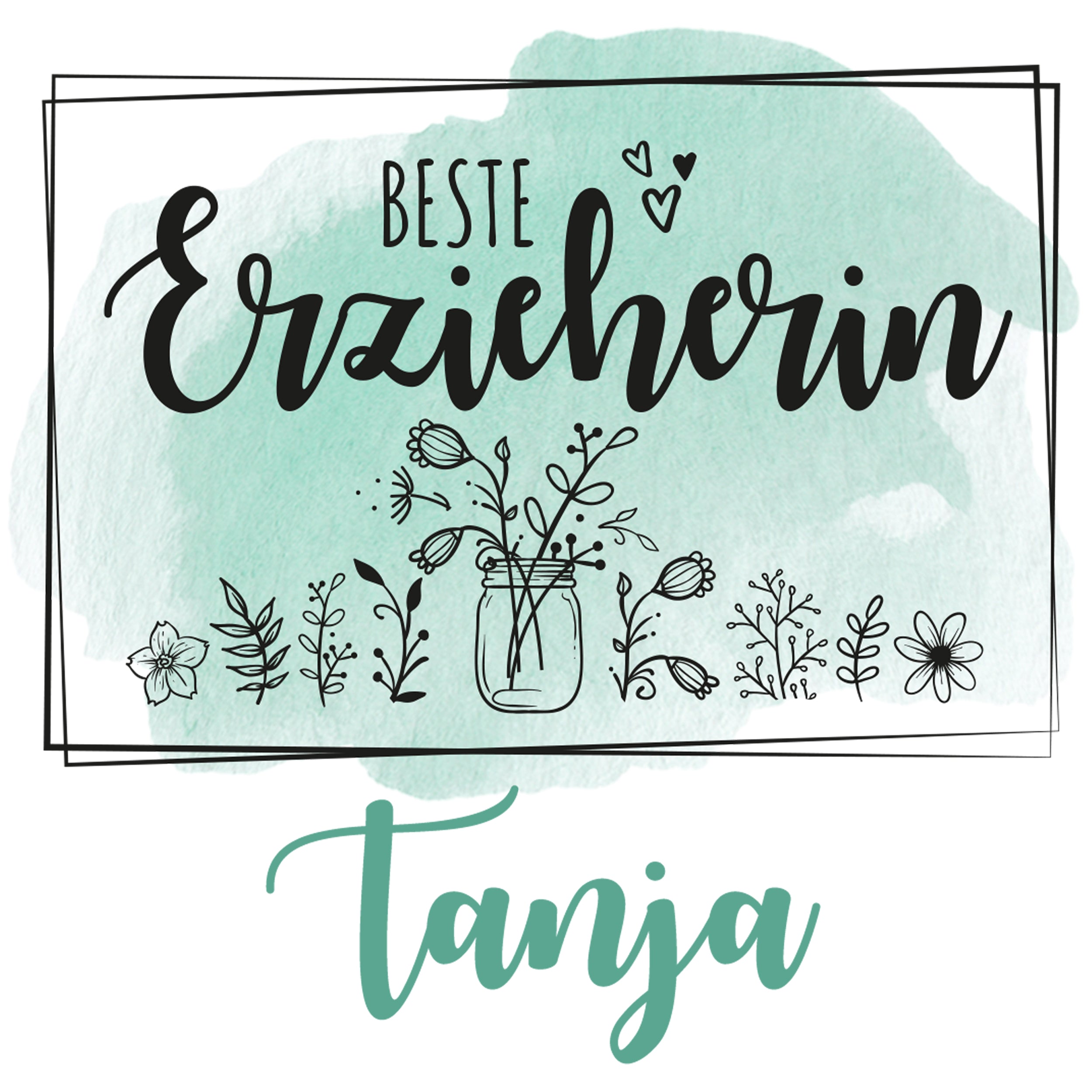 Beste Erzieherin Tanja, florale Illustrationen, mintgrüner Hintergrund.