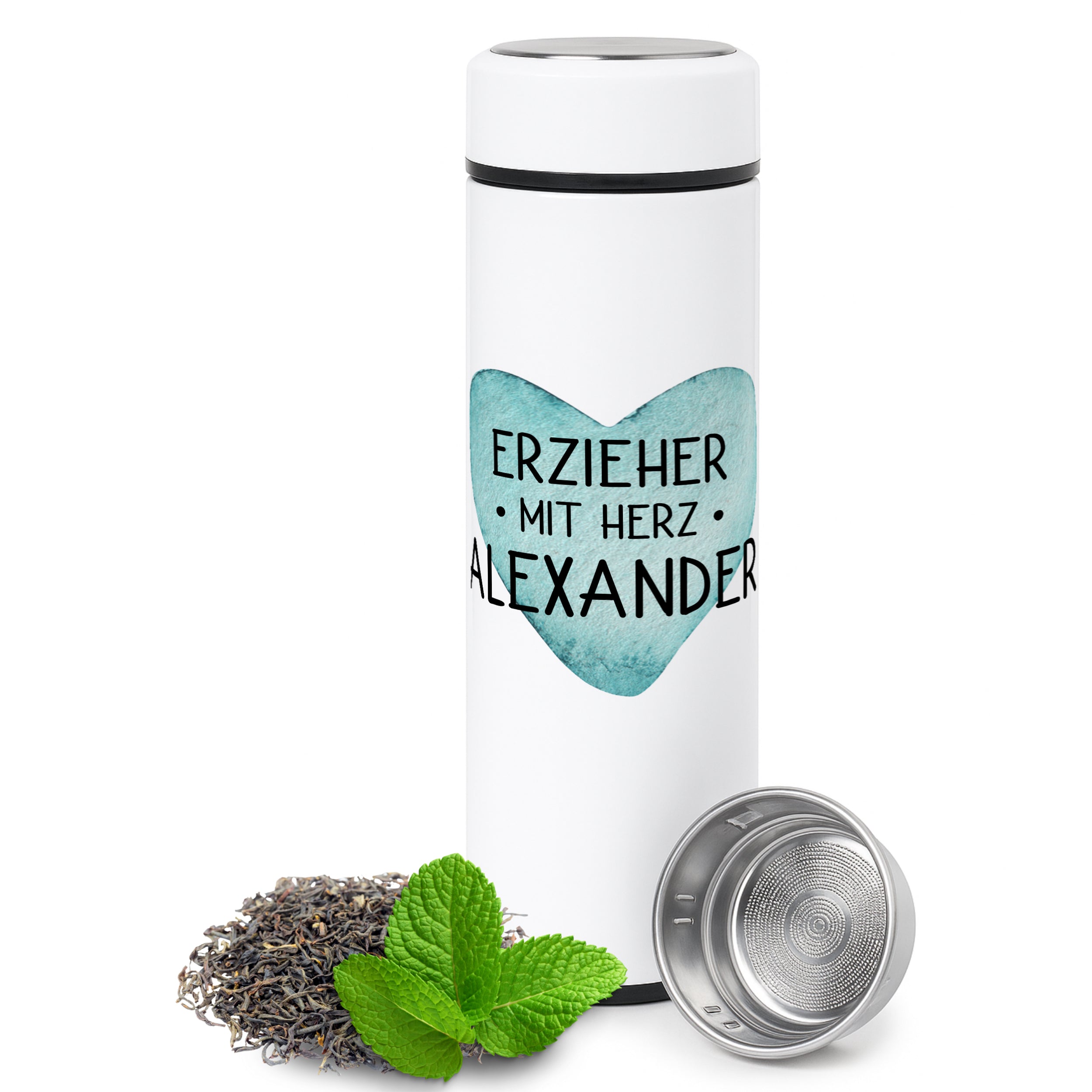 Thermo-Tasse in Weiß mit Aufschrift "Erzieher mit Herz Alexander"