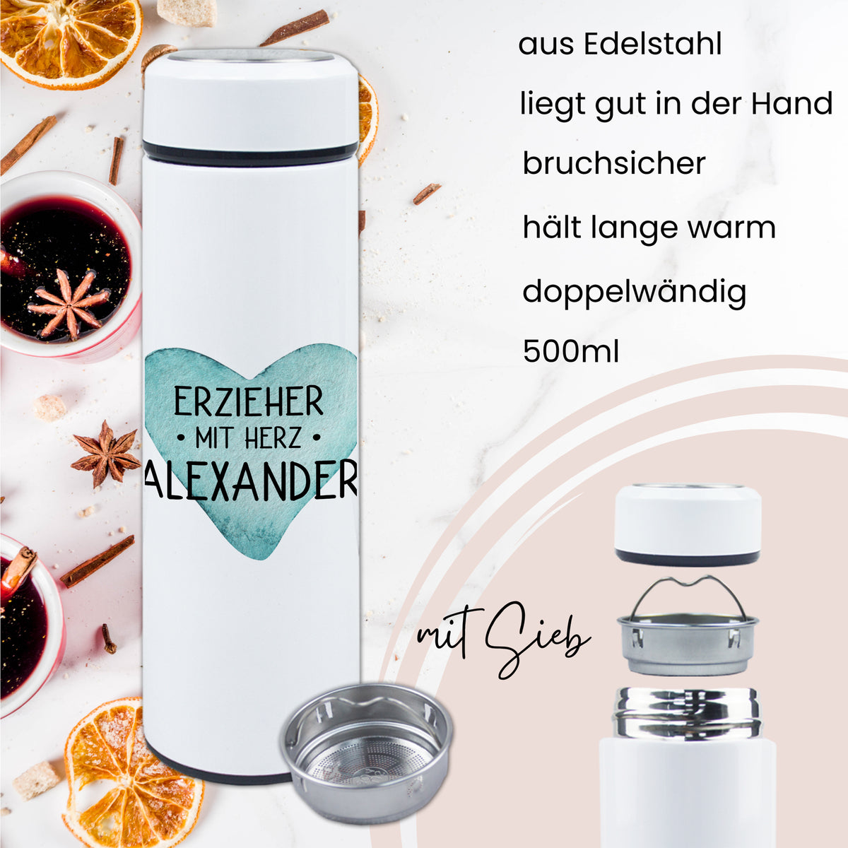 Edelstahl-Trinkflasche 500ml, bruchsicher, doppelwandig, personalisiert.