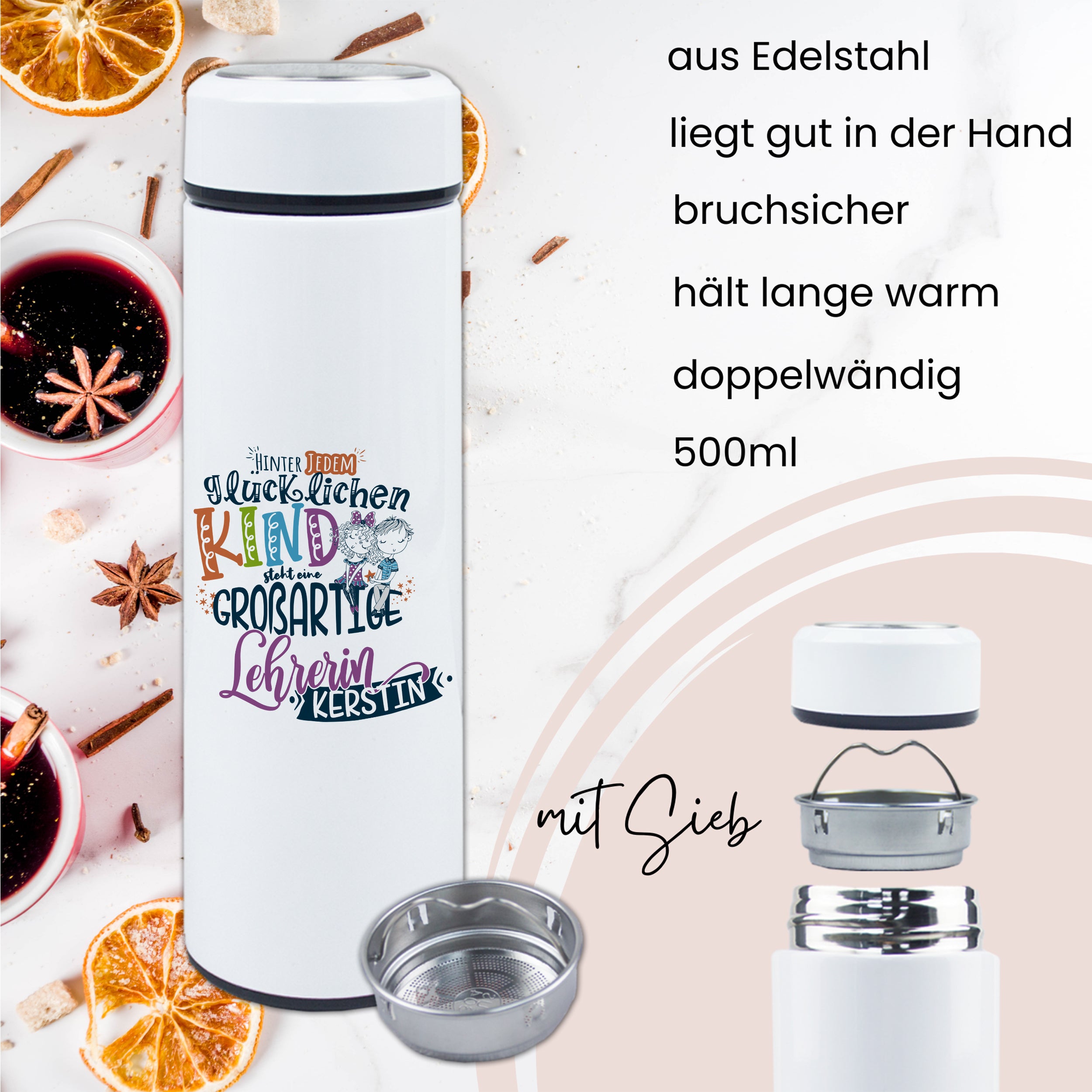Edelstahl-Wasserflasche 500ml, doppelwandig, bruchsicher, mit Sieb.