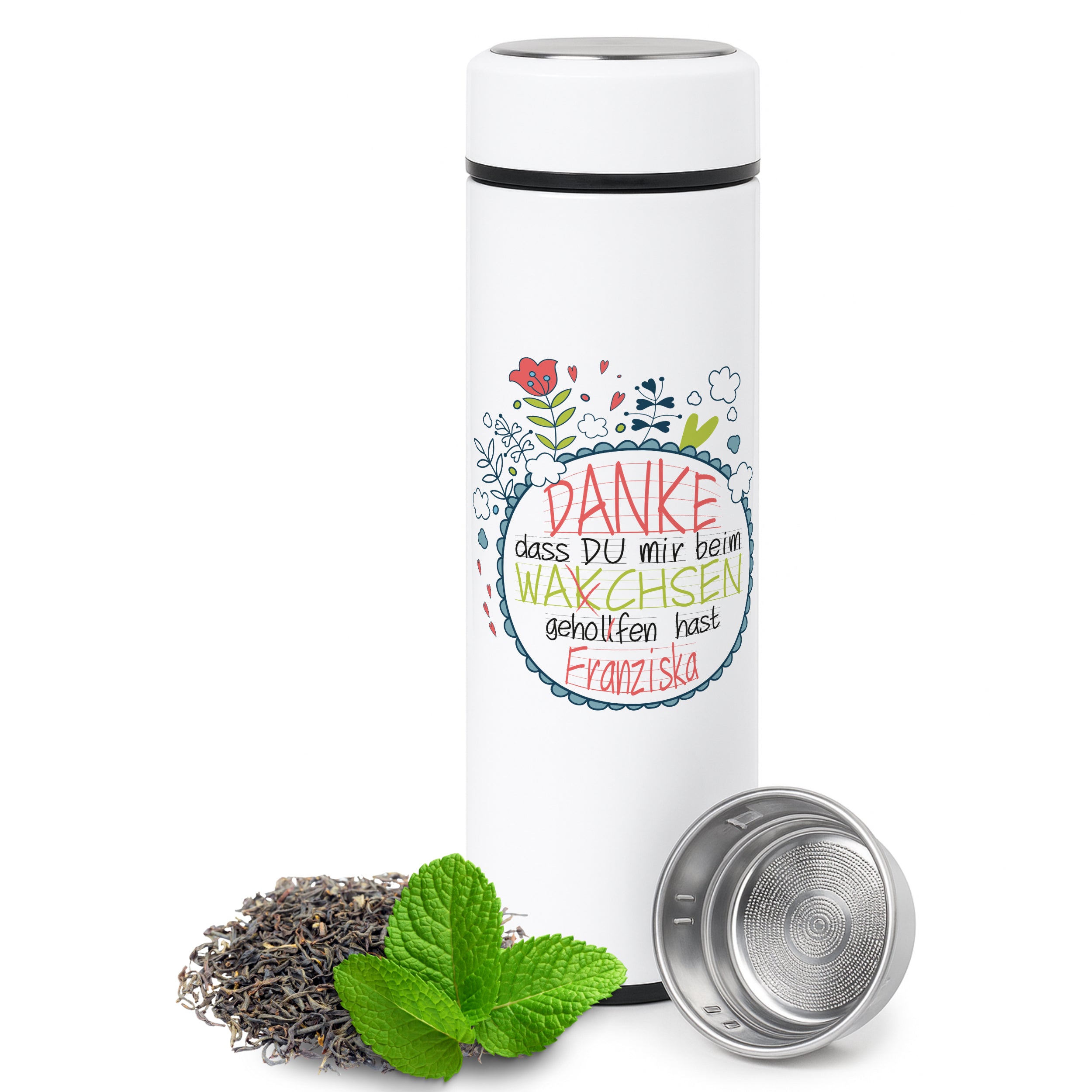 Weiße Thermosflasche mit Dankesbotschaft und Teesieb.