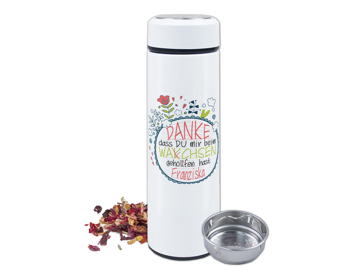 Weiße Thermosflasche mit Dankesbotschaft und Teesieb.