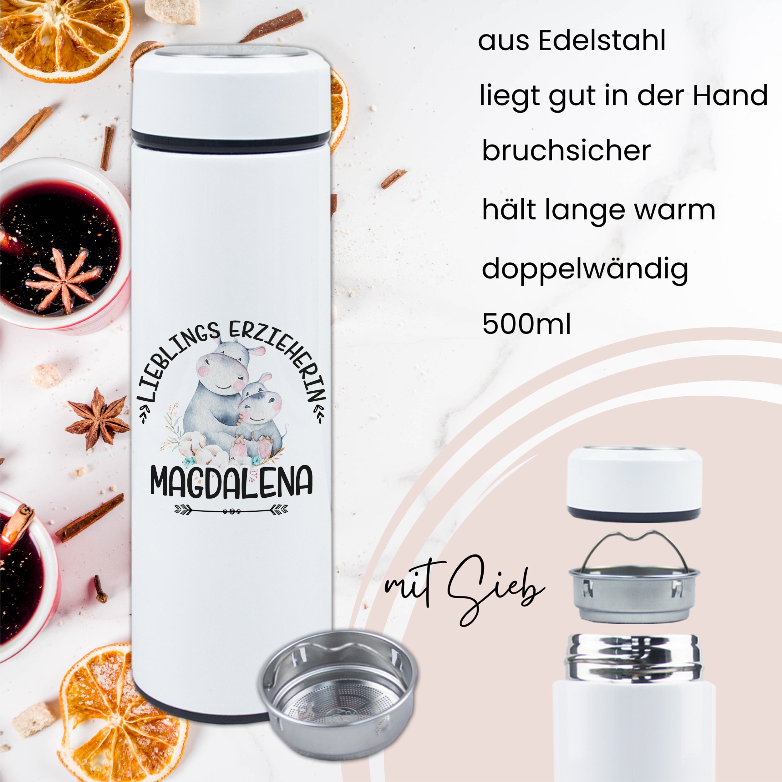 Edelstahl-Thermosflasche, weiß, 500ml, bruchsicher, doppelwandig.