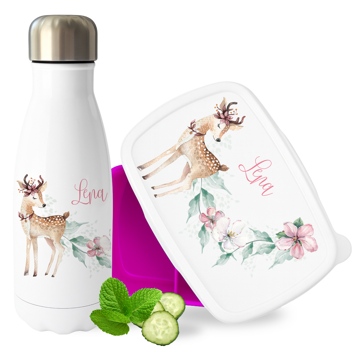Weiße Trinkflasche und Lunchbox mit Reh-Motiv.