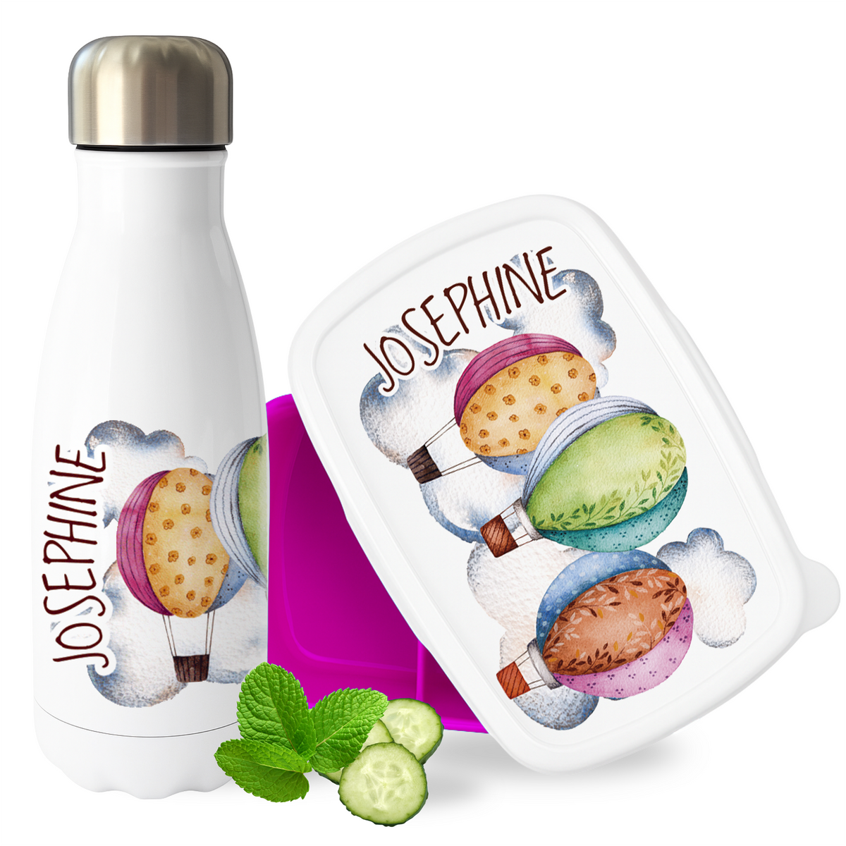 Weiße Trinkflasche und Lunchbox mit Luftballons.