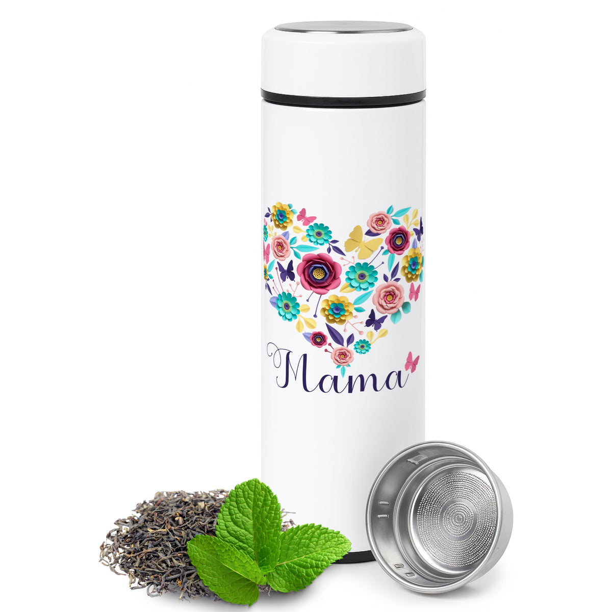 Weiße Thermosflasche mit Blumenherz und "Mama" Schriftzug.