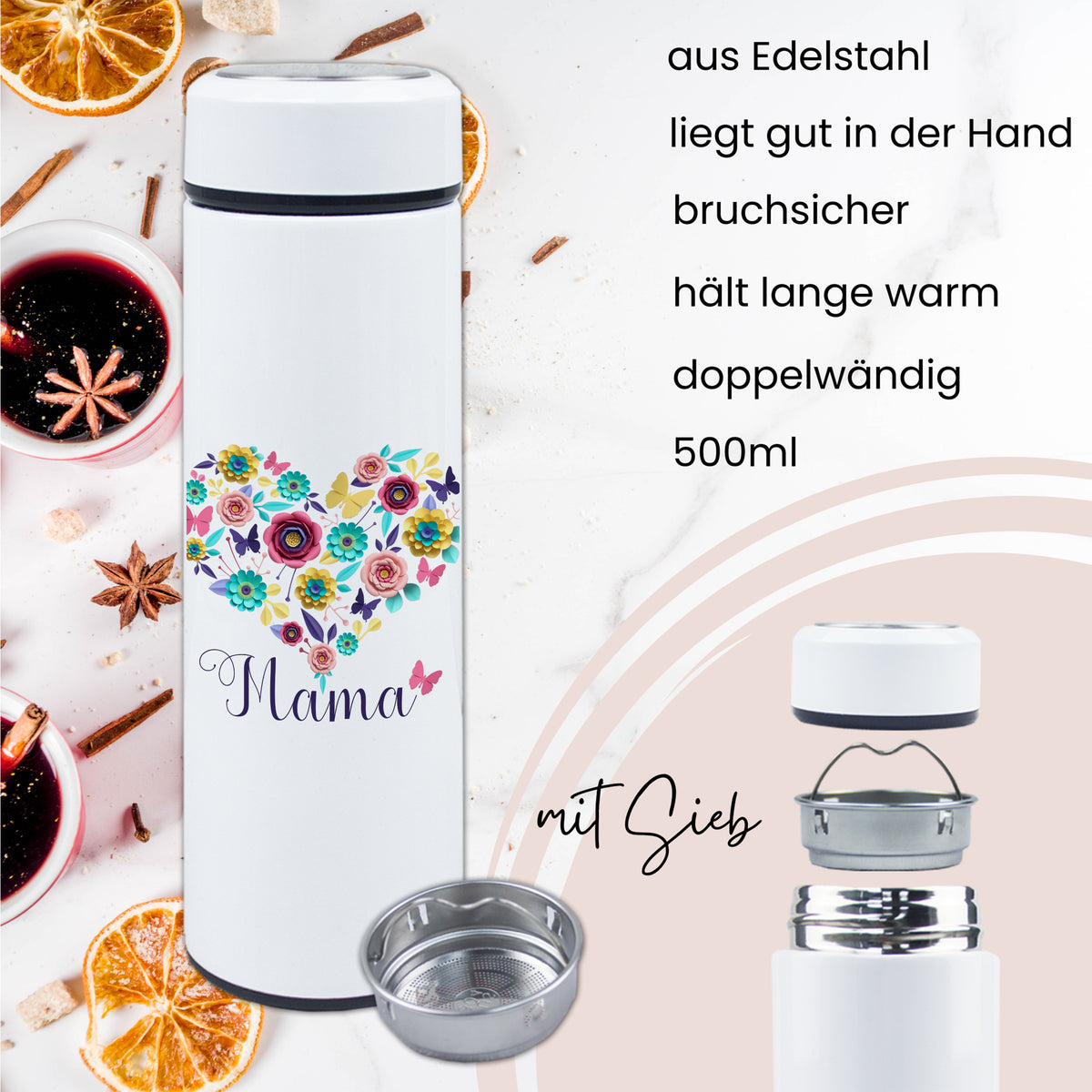 Edelstahl-Isolierflasche weiß, 500ml, mit Blumenherz und Sieb.