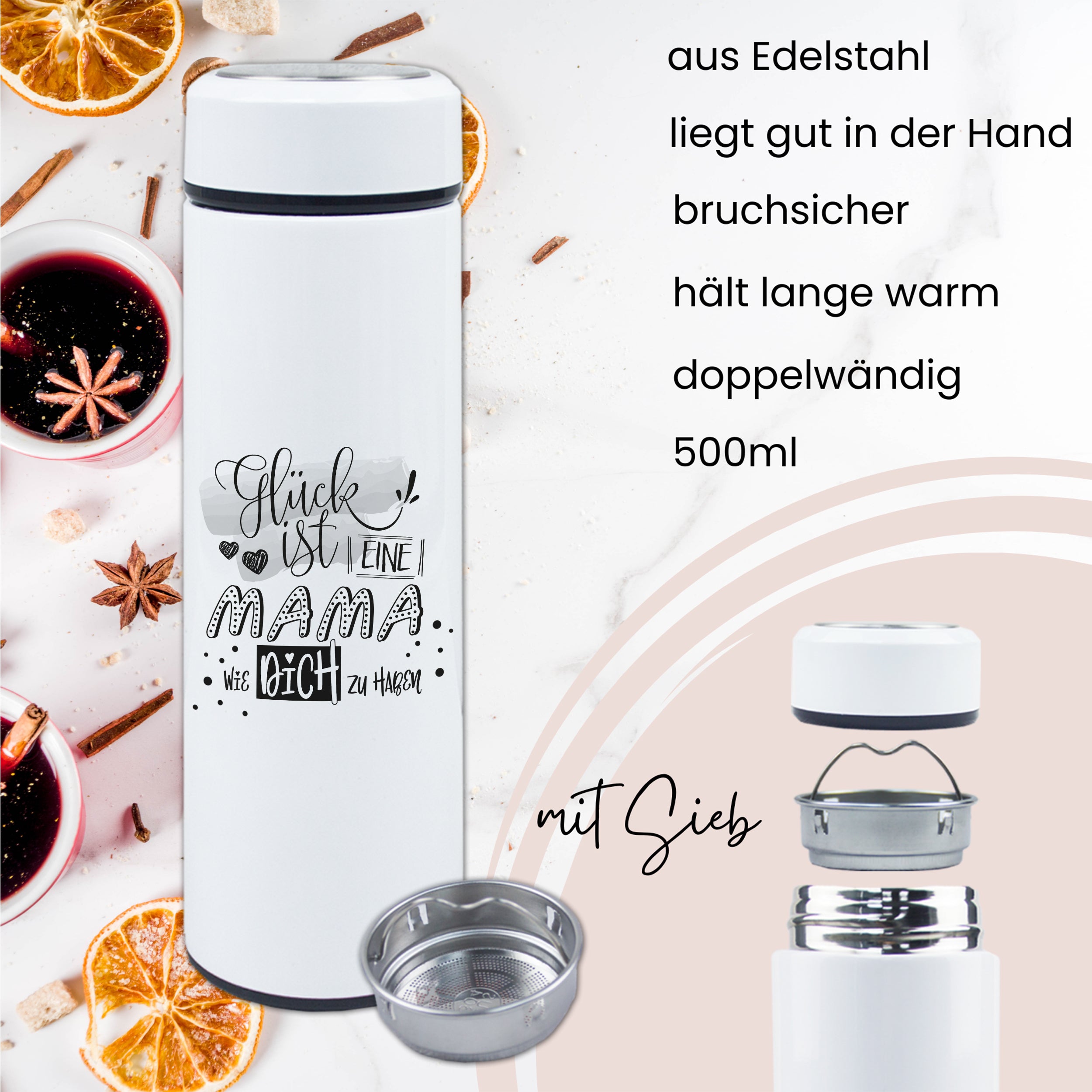 Edelstahl-Wasserflasche 500ml, doppelwandig, bruchsicher, mit Sieb.