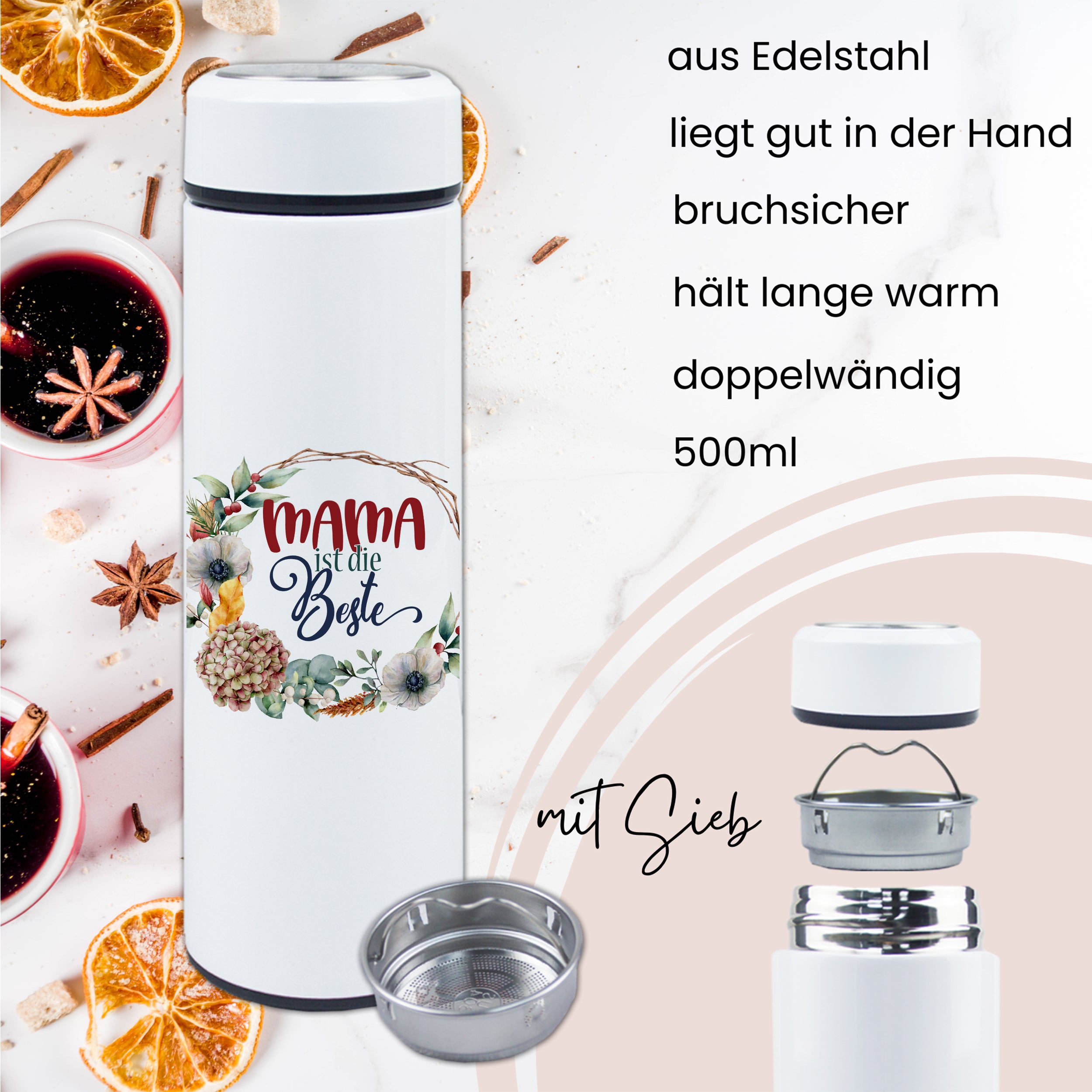 Edelstahl-Thermosflasche, weiß, 500ml, bruchsicher, mit Sieb.