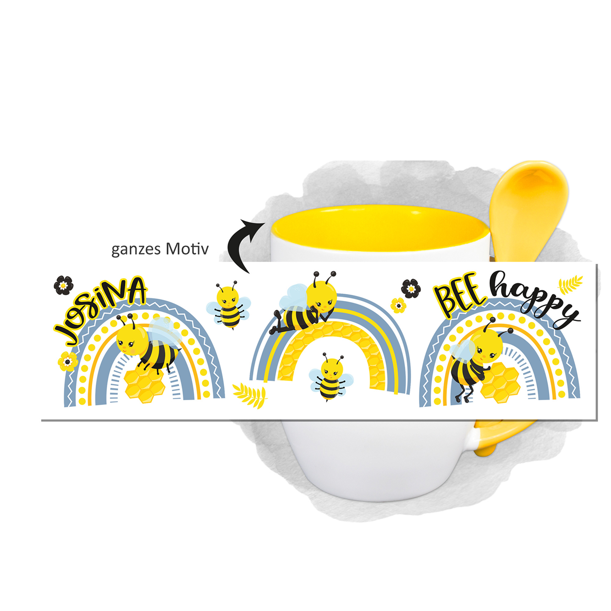 Tasse mit gelbem Innenteil, Bienen und Regenbögen.
