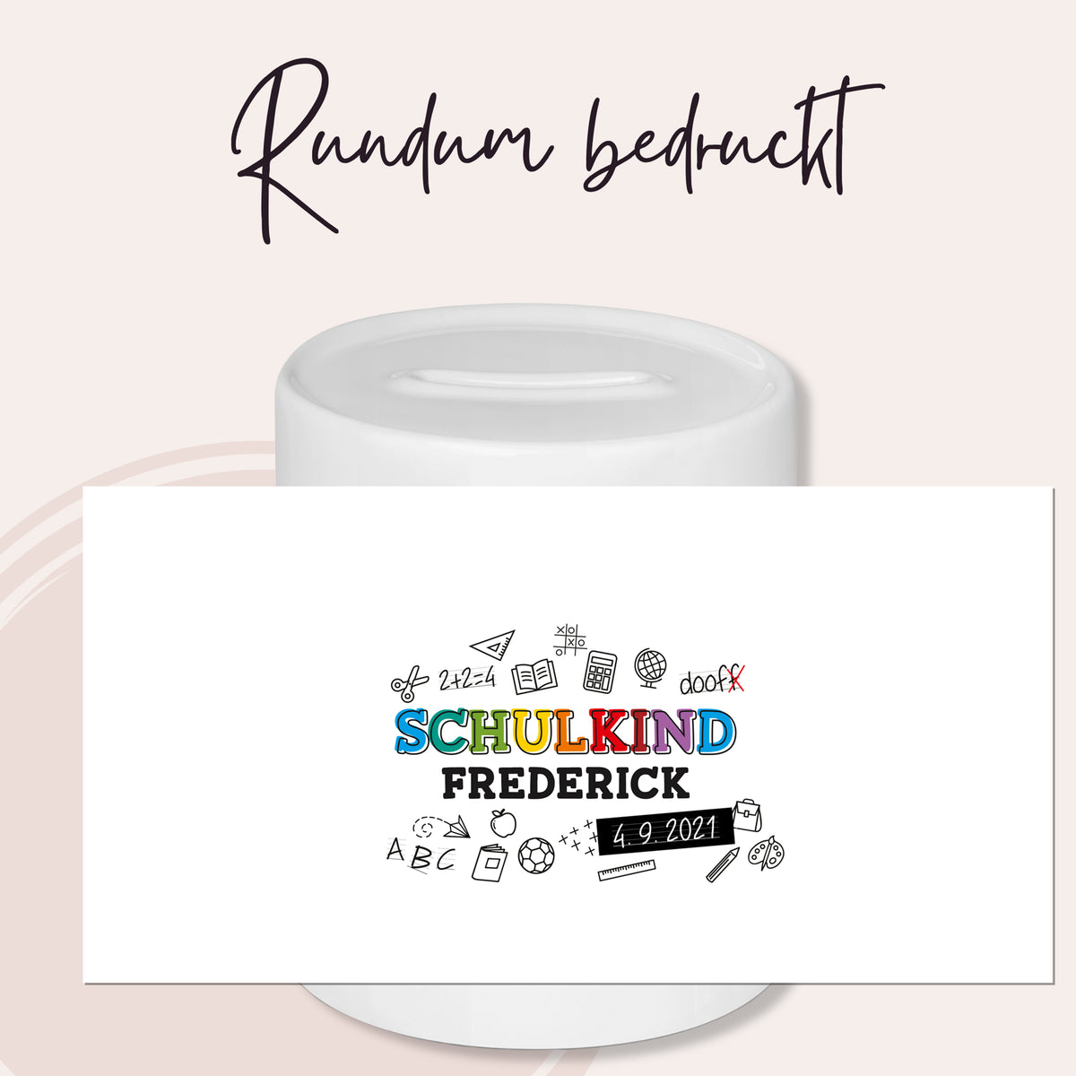Rundum bedruckte Spardose mit buntem Schulkind-Design.