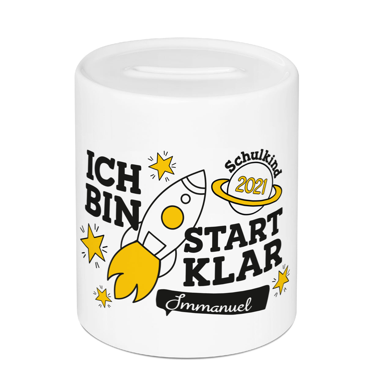 Weißer Becher mit Rakete, "Ich bin Schulkind 2021".