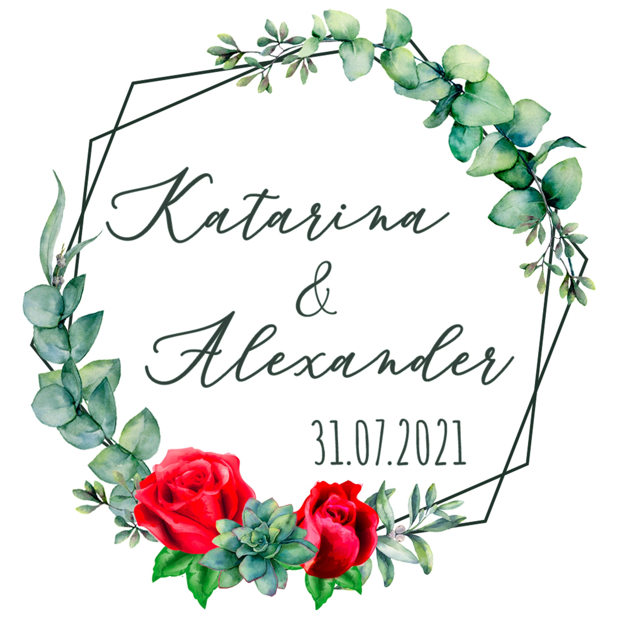 Rosenkranz mit roten Rosen, grünen Blättern und Schriftzug.