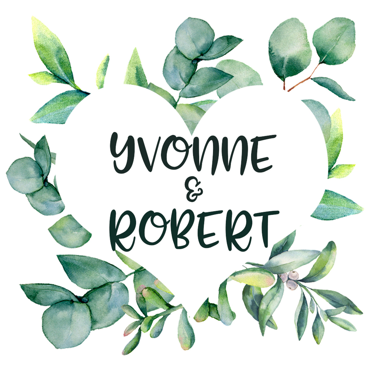 Herz mit grünen Blättern, Namen Yvonne und Robert.