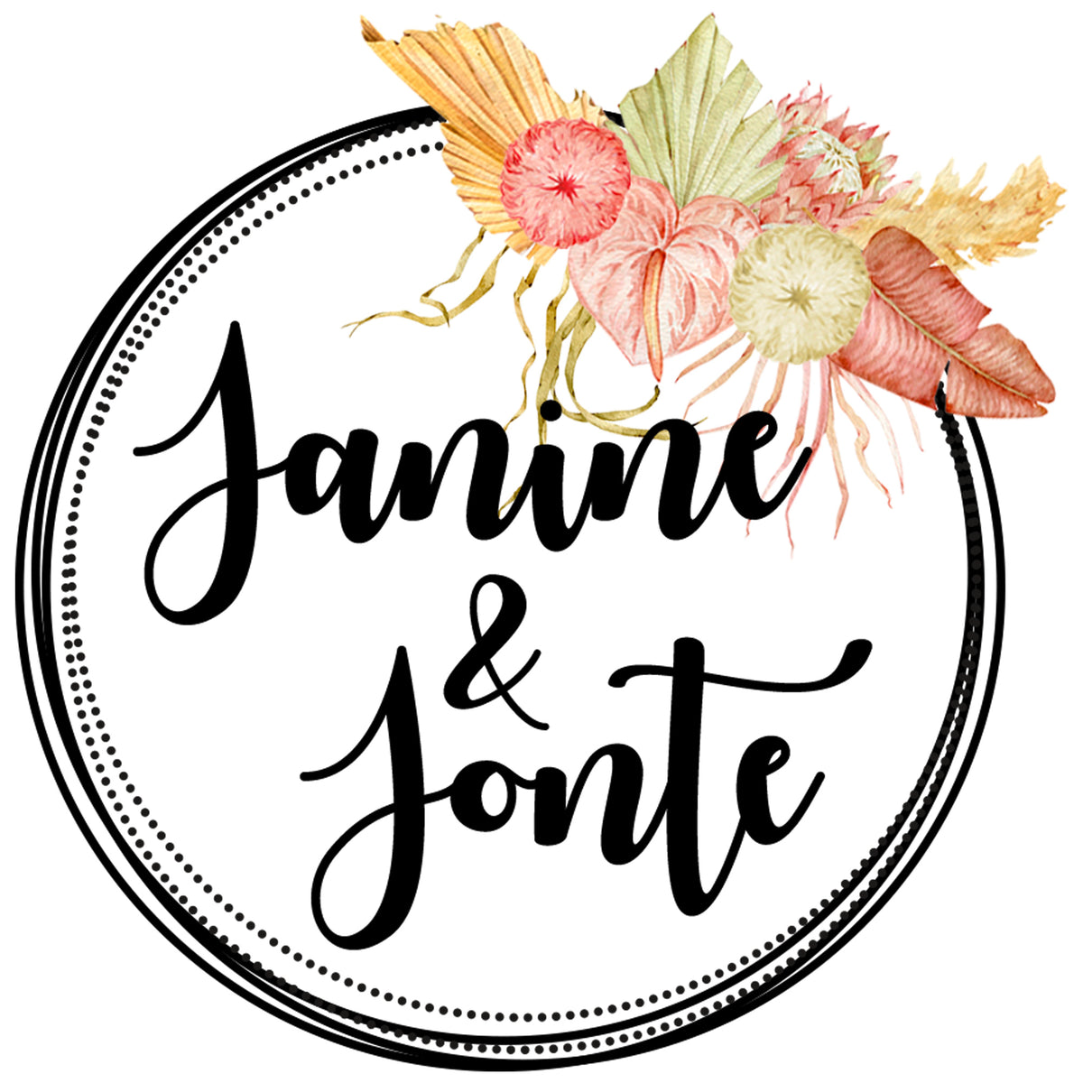 Handschriftliches Logo in Schwarz mit floralen Elementen.
