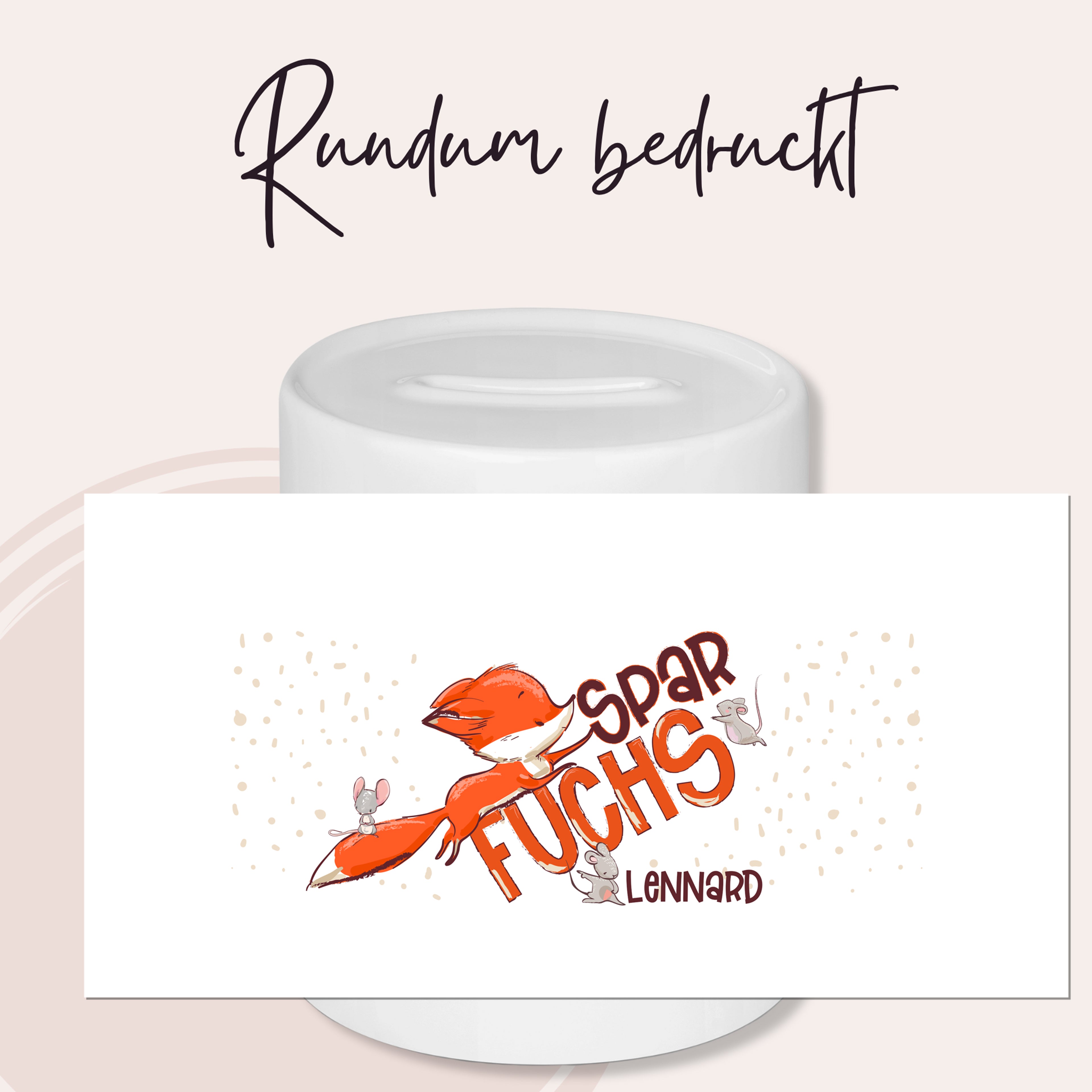 Runde Kerze mit orangefarbenem Fuchs und Text "Spar Fuchs Lennard".