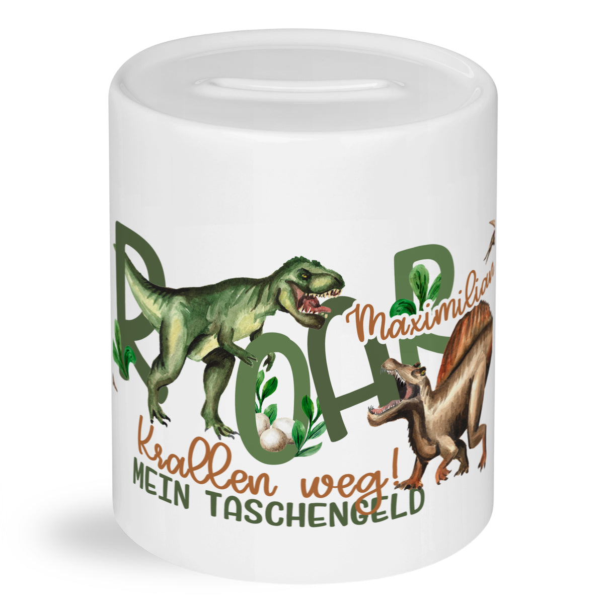 Dinosaurier-Spardose in Weiß mit grünen und braunen Details.