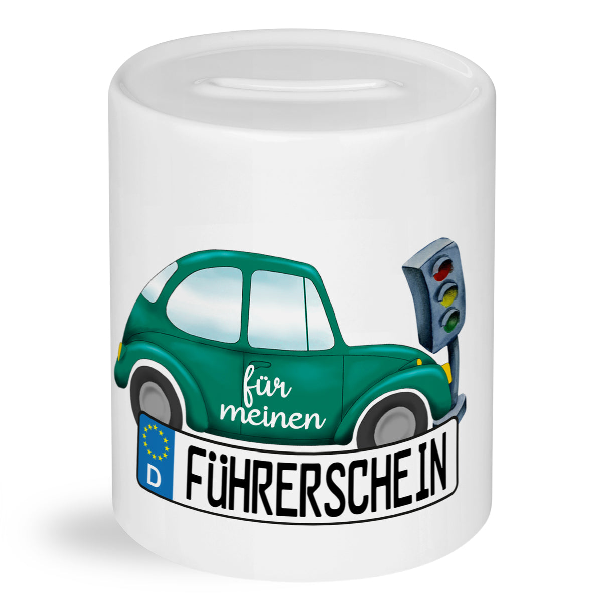 Grüner Auto-Spardose mit "für meinen Führerschein" Schriftzug.