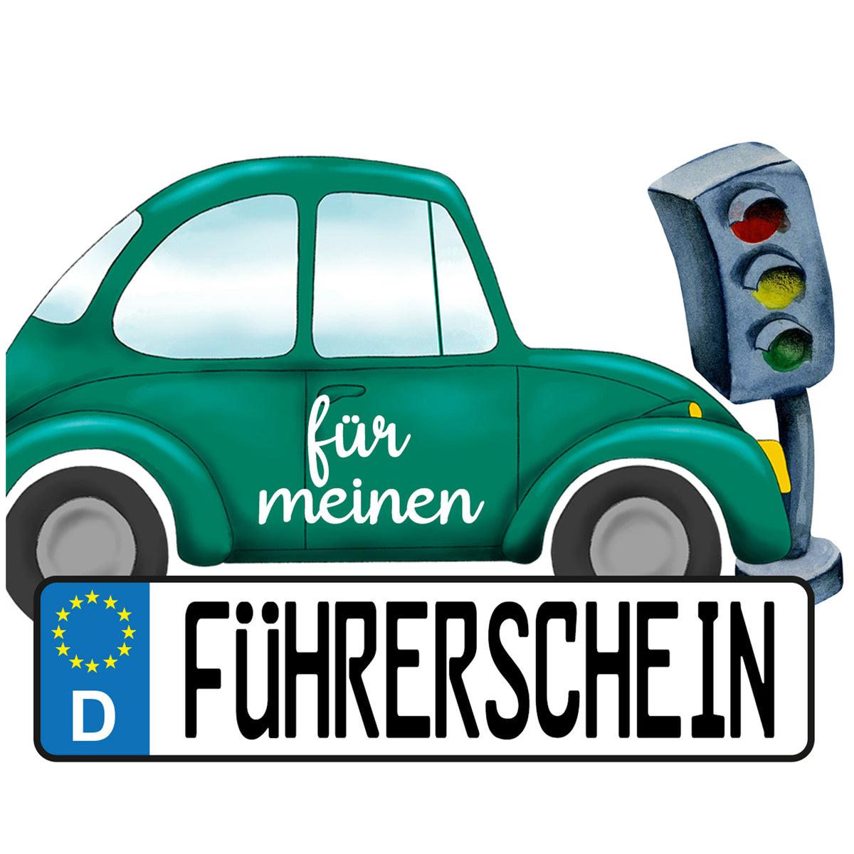 Grünes Auto mit Aufschrift „für meinen“ und Verkehrssignal.