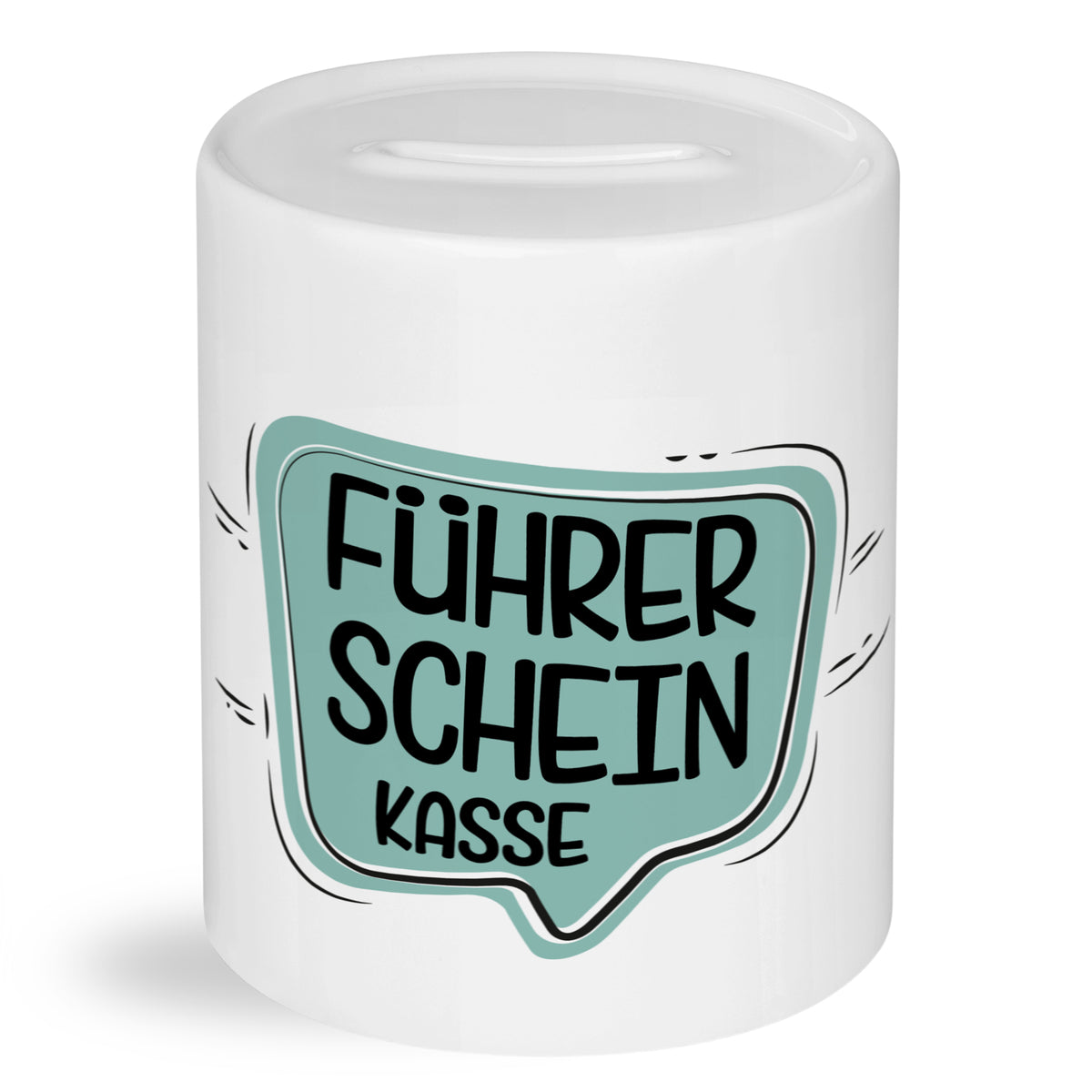 Weißes Sparschwein mit Aufschrift "Führerschein Kasse".