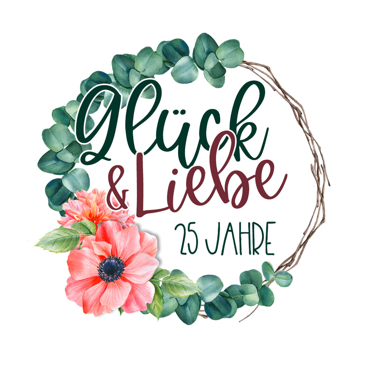Glück & Liebe, 25 Jahre, floraler Kranz, rosa Anemone.