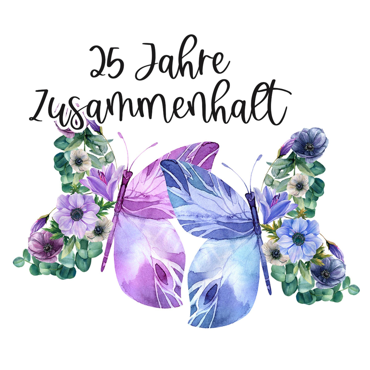 25 Jahre Zusammenhalt mit lila und blauen Schmetterlingen.