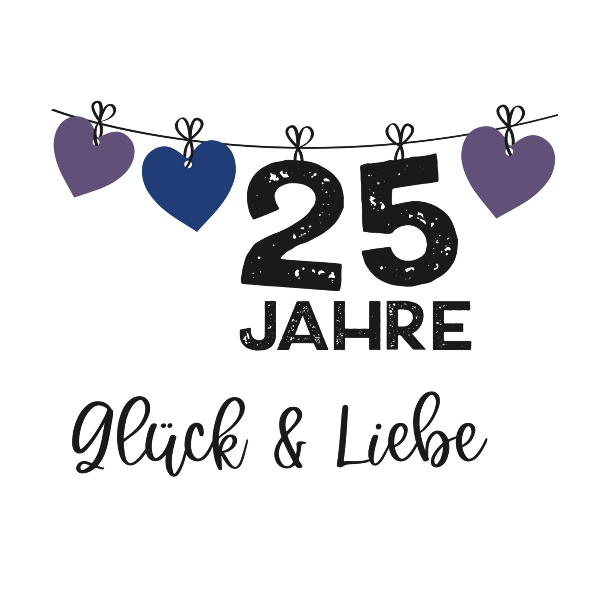 25 Jahre, Glück & Liebe, lila und blaue Herzen