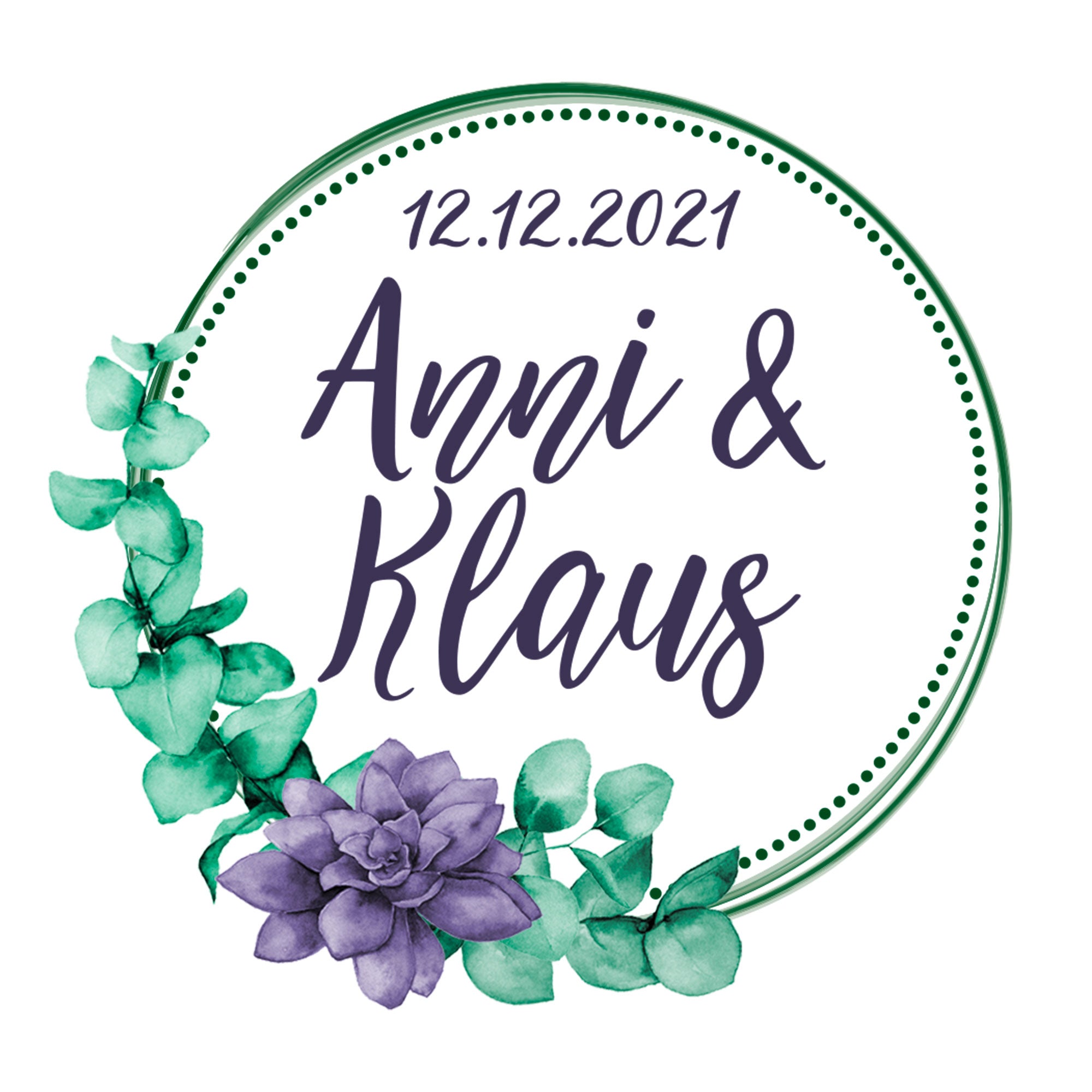 Hochzeitslogo mit lila Blume und grünen Blättern.