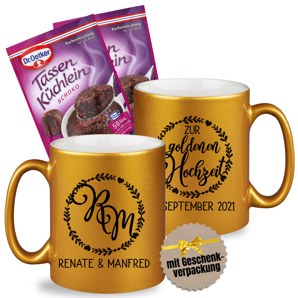 Goldene Tassen mit Namen und Hochzeitsdatum, Geschenkverpackung.