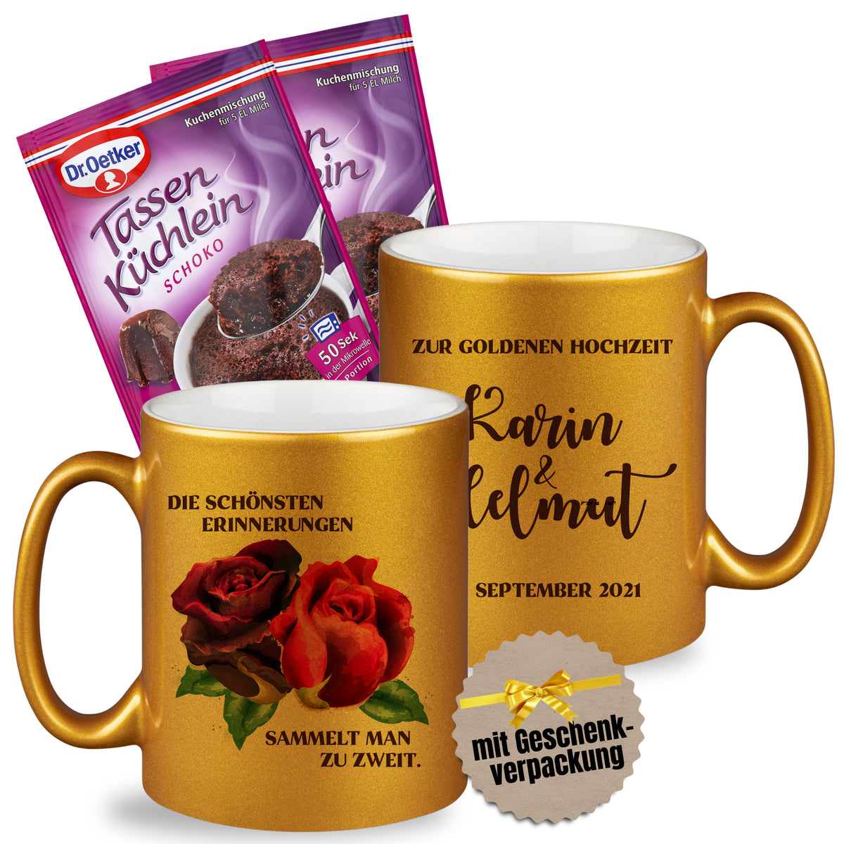 Goldene Tassen mit Rosenmotiven und Hochzeitsdatum.
