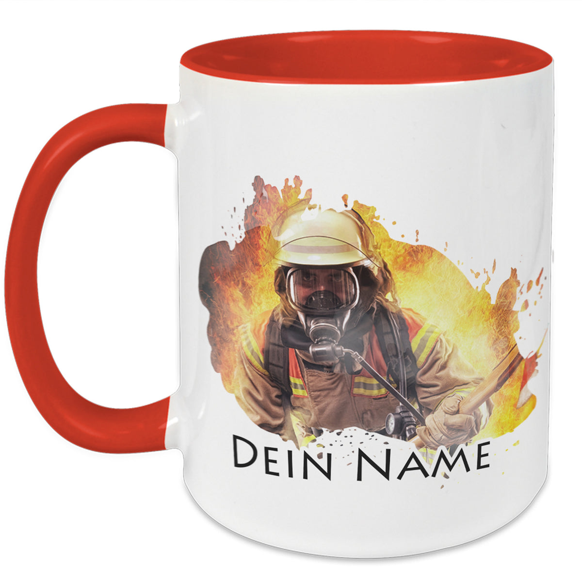 Tasse mit rotem Henkel, Feuerwehrmann-Motiv und personalisierbarem Text.