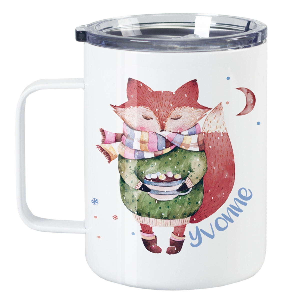 Tasse mit rotbraunem Fuchs, grüner Kleidung und buntem Schal.