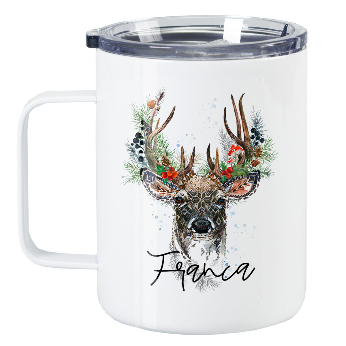 Weißer Becher mit Hirschmotiv und floralem Design.