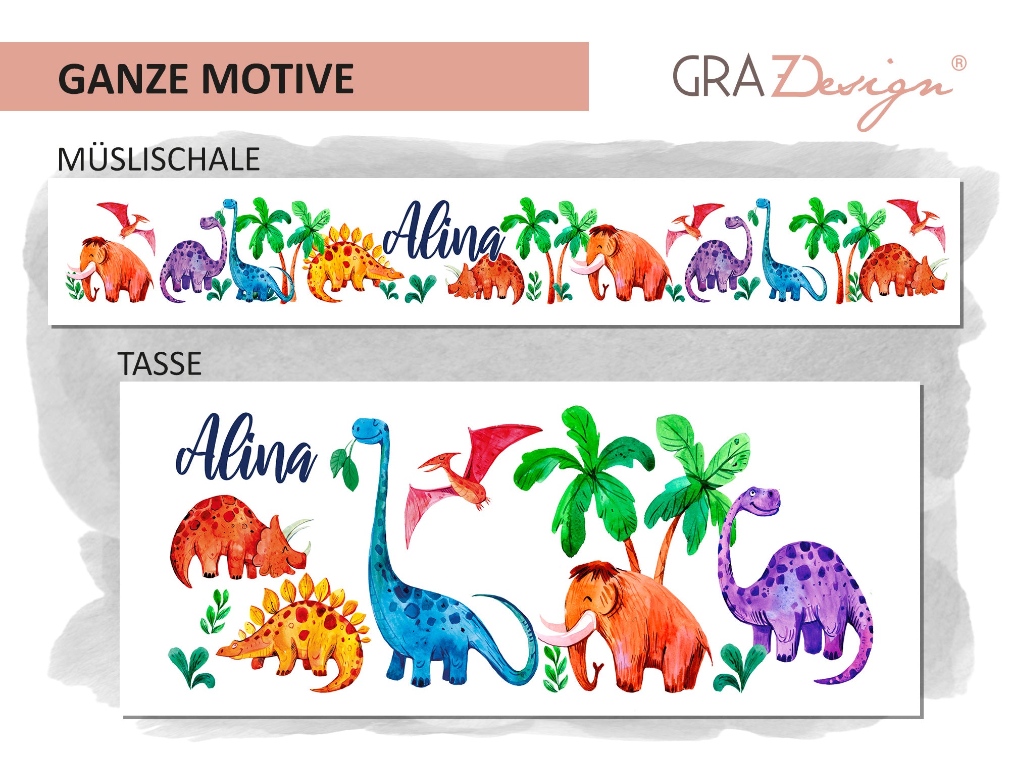 Bunte Dinosaurier-Motive auf Müslischale und Tasse.
