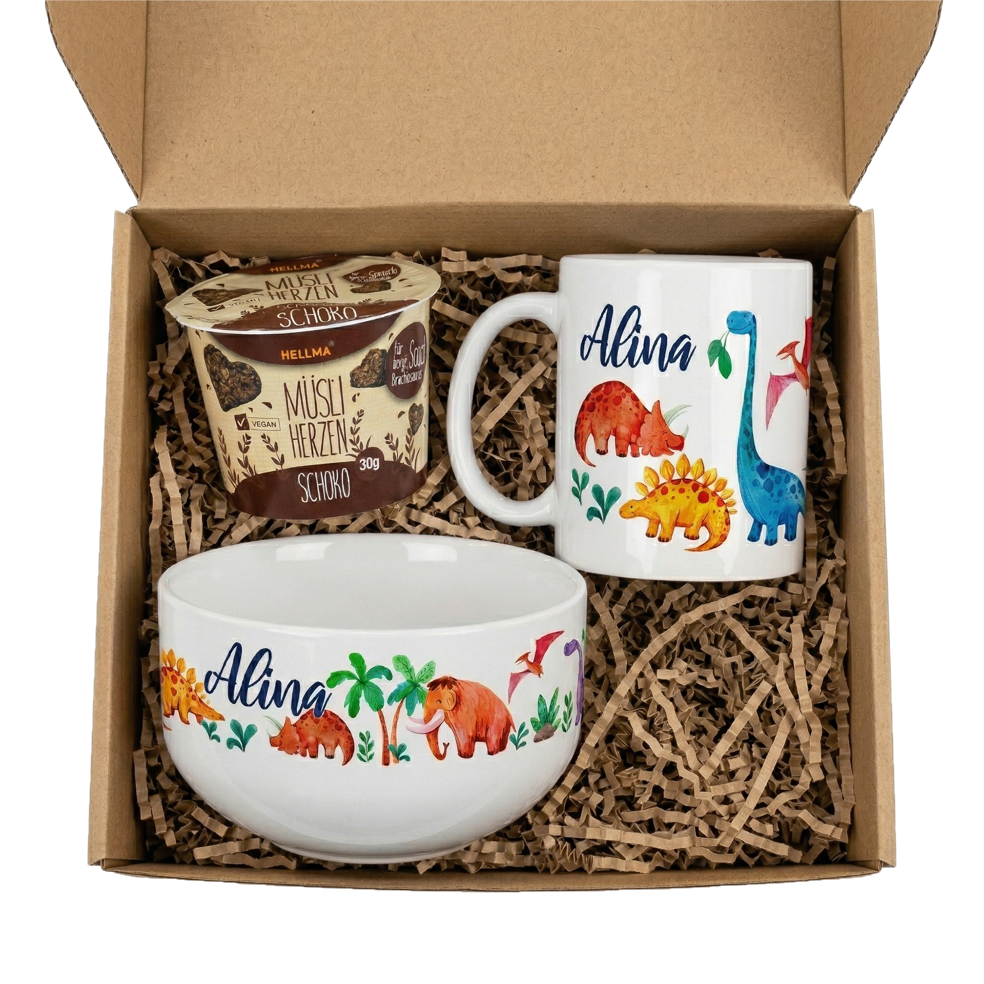 Tasse und Schüssel mit Dinosaurier-Motiv, personalisiert mit "Alina".