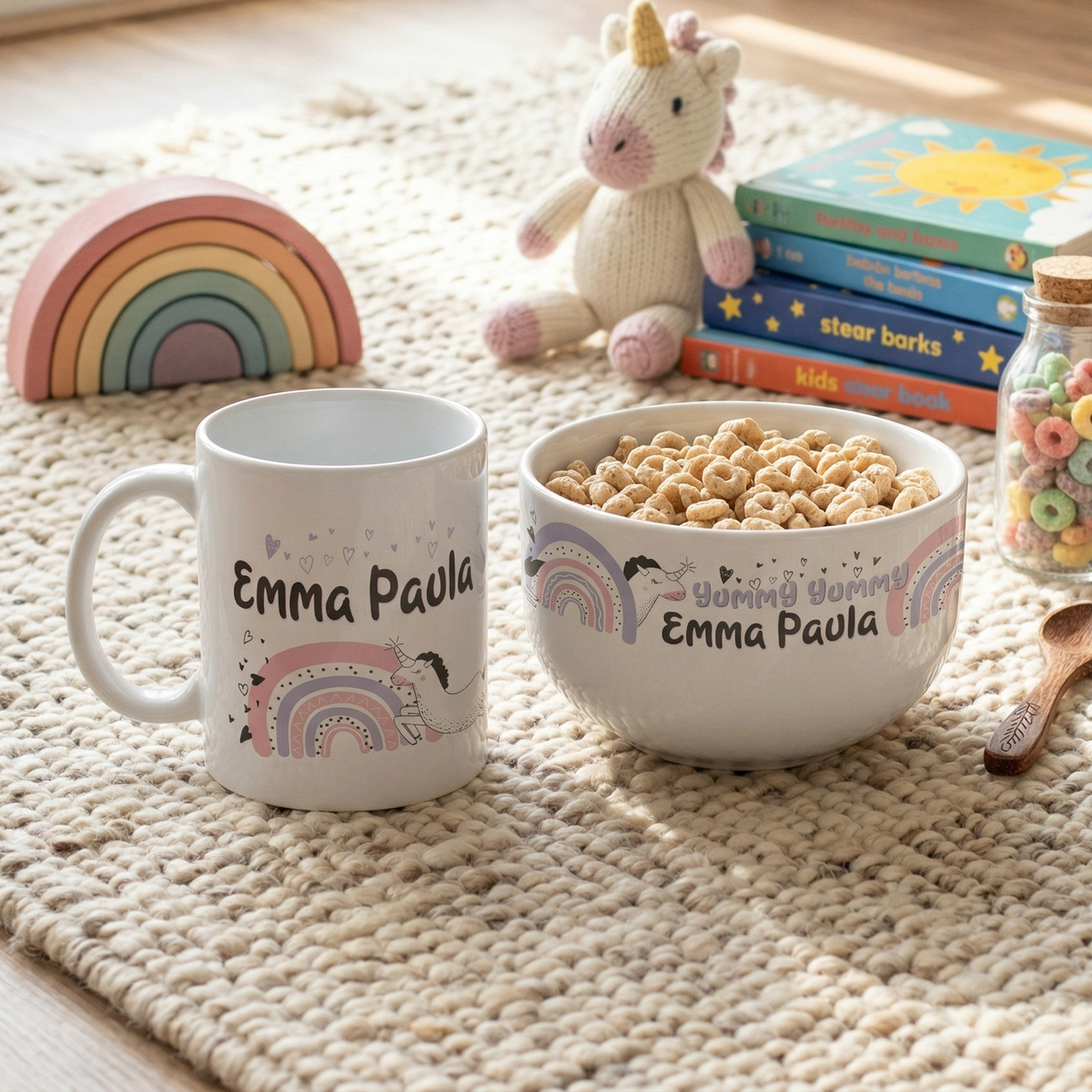 Personalisierte Tasse und Schüssel mit Regenbogen und Einhorn.