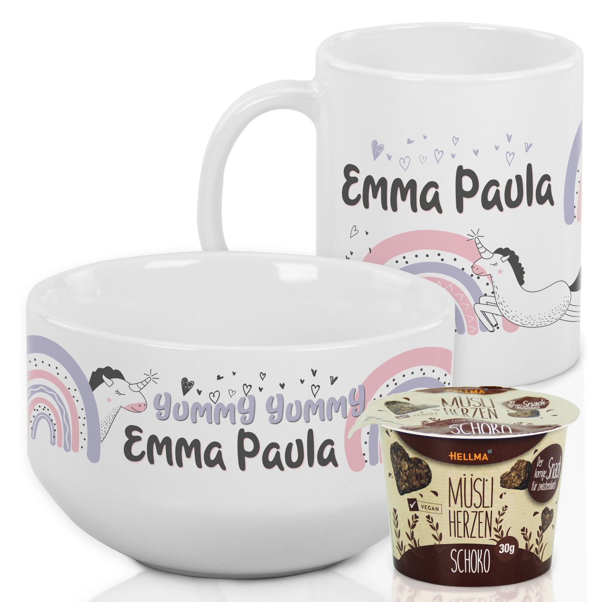 Weißes Geschirrset mit personalisiertem Namen, Schüssel und Tasse.