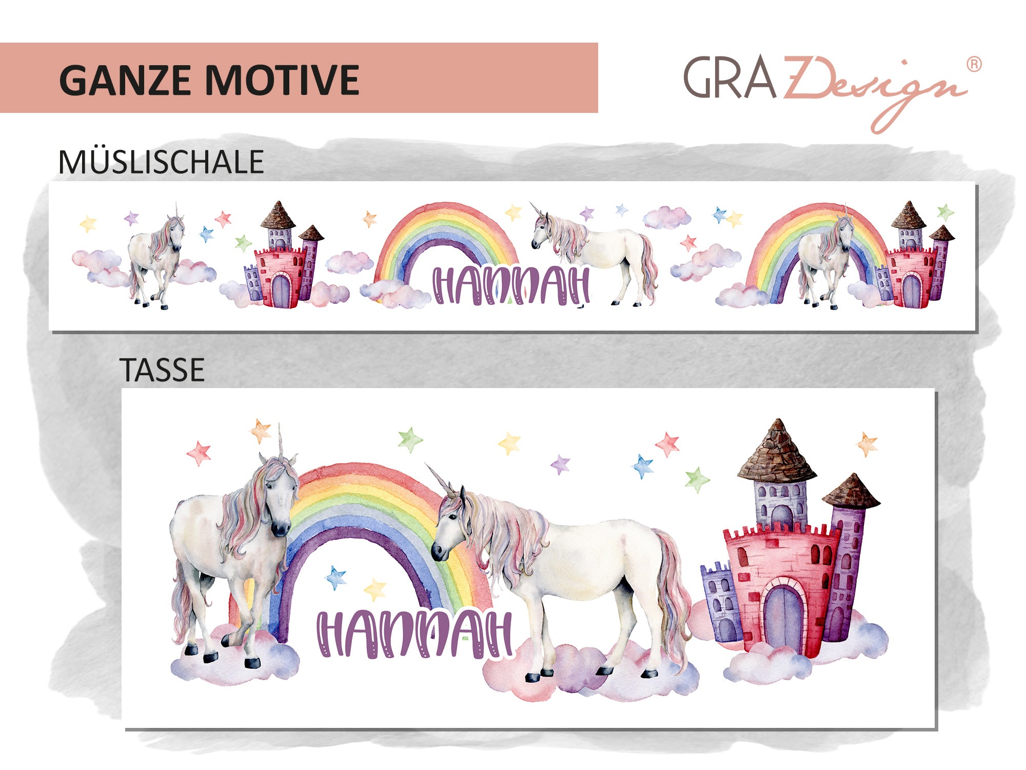Müslischale und Tasse mit Einhorn, Regenbogen und Schloss.
