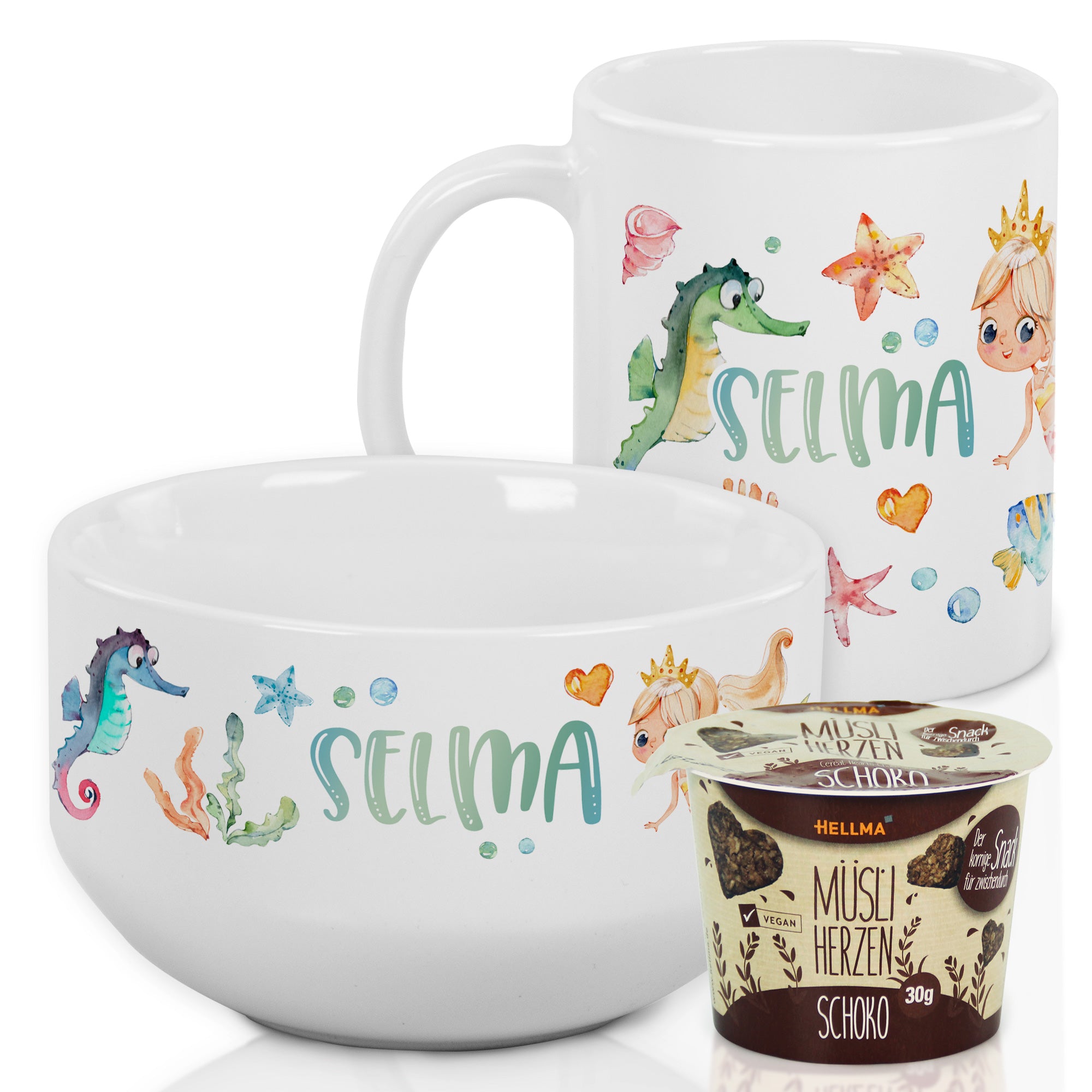 Tasse und Schüssel mit bunten Meerestieren, Name "Selma".